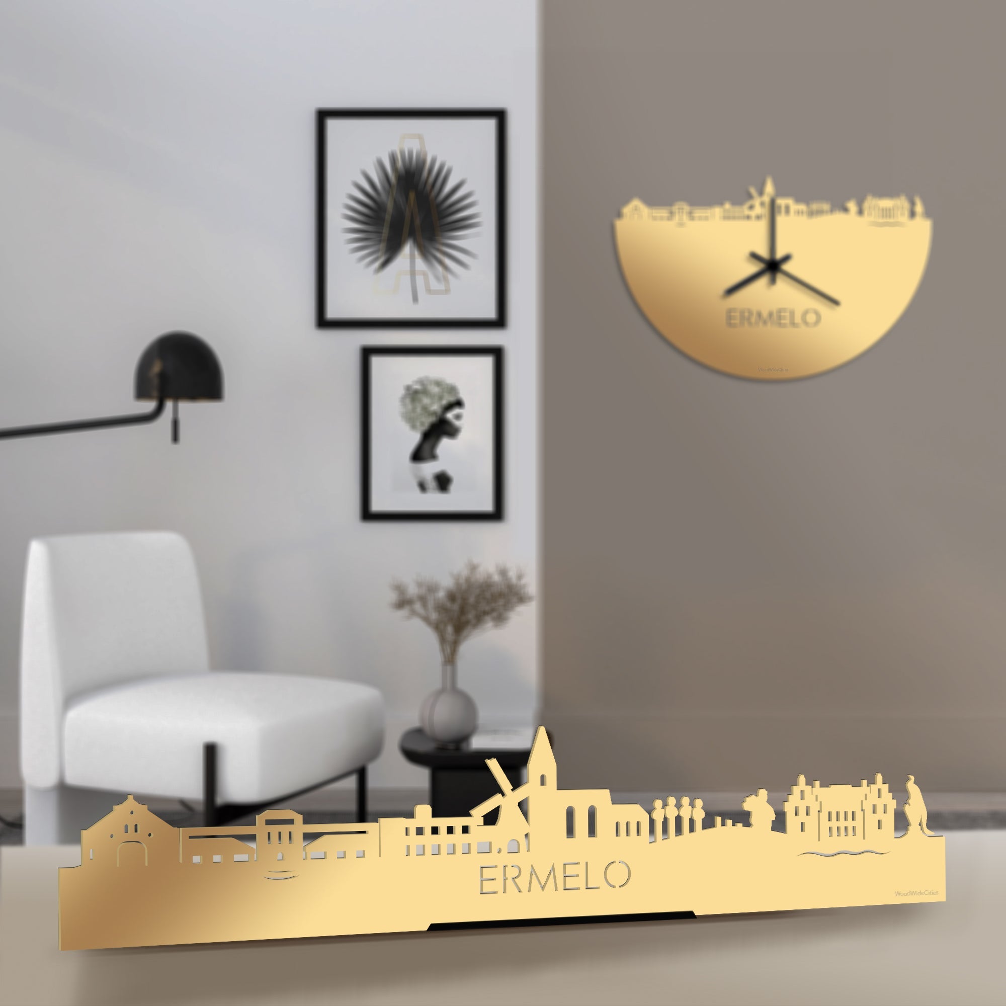 Standing Skyline Ermelo Metallic Goud gerecycled kunststof cadeau decoratie relatiegeschenk van WoodWideCities