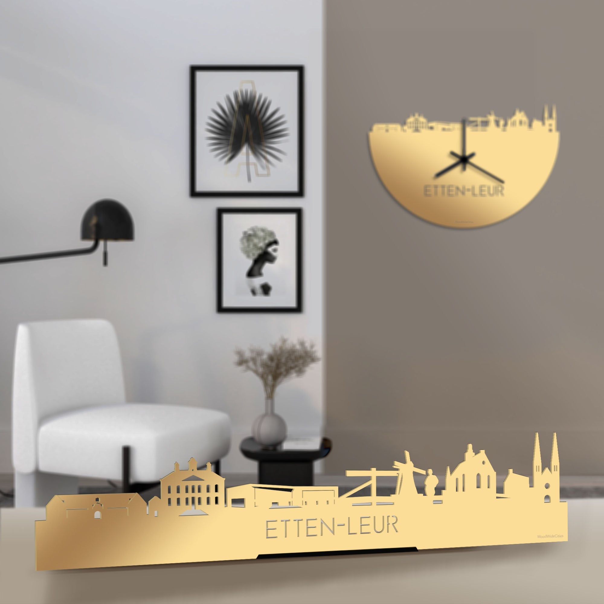 Standing Skyline Etten-Leur Metallic Goud gerecycled kunststof cadeau decoratie relatiegeschenk van WoodWideCities