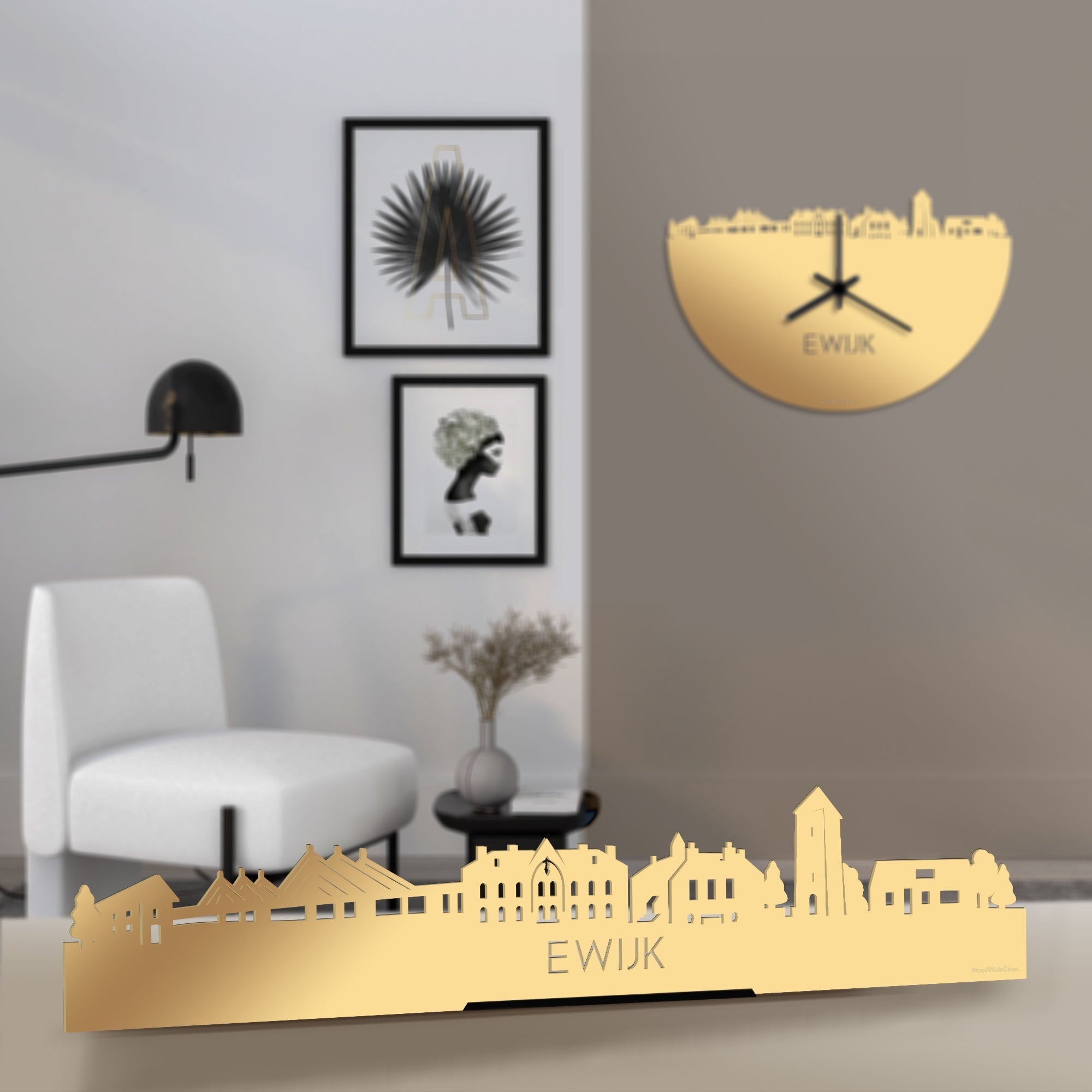 Standing Skyline Ewijk Metallic Goud gerecycled kunststof cadeau decoratie relatiegeschenk van WoodWideCities