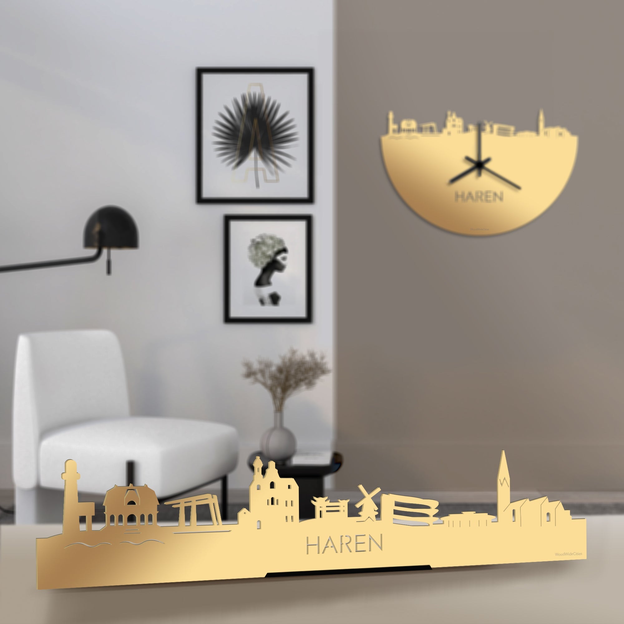 Standing Skyline Haren Metallic Goud gerecycled kunststof cadeau decoratie relatiegeschenk van WoodWideCities