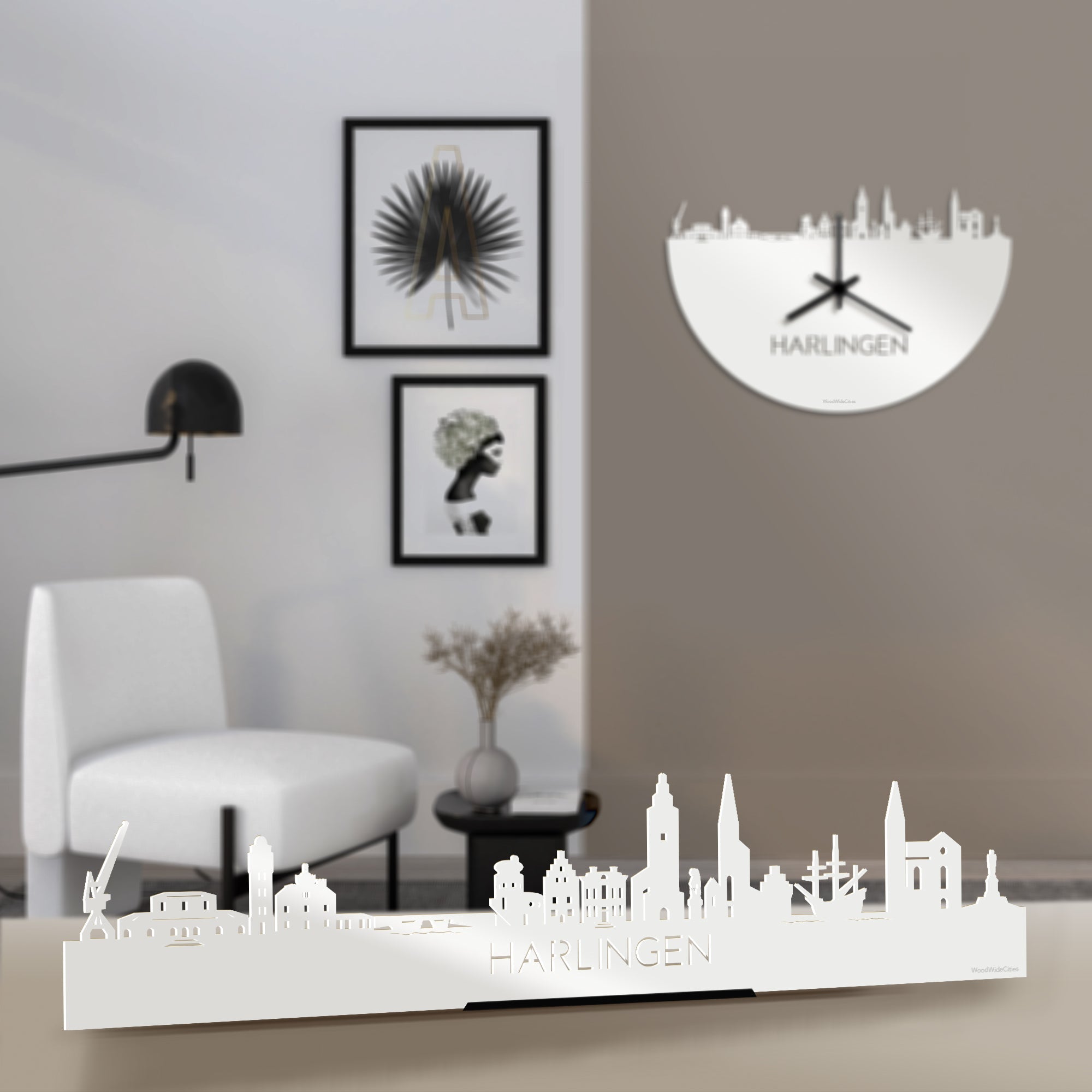 Standing Skyline Harlingen Wit glanzend gerecycled kunststof cadeau decoratie relatiegeschenk van WoodWideCities