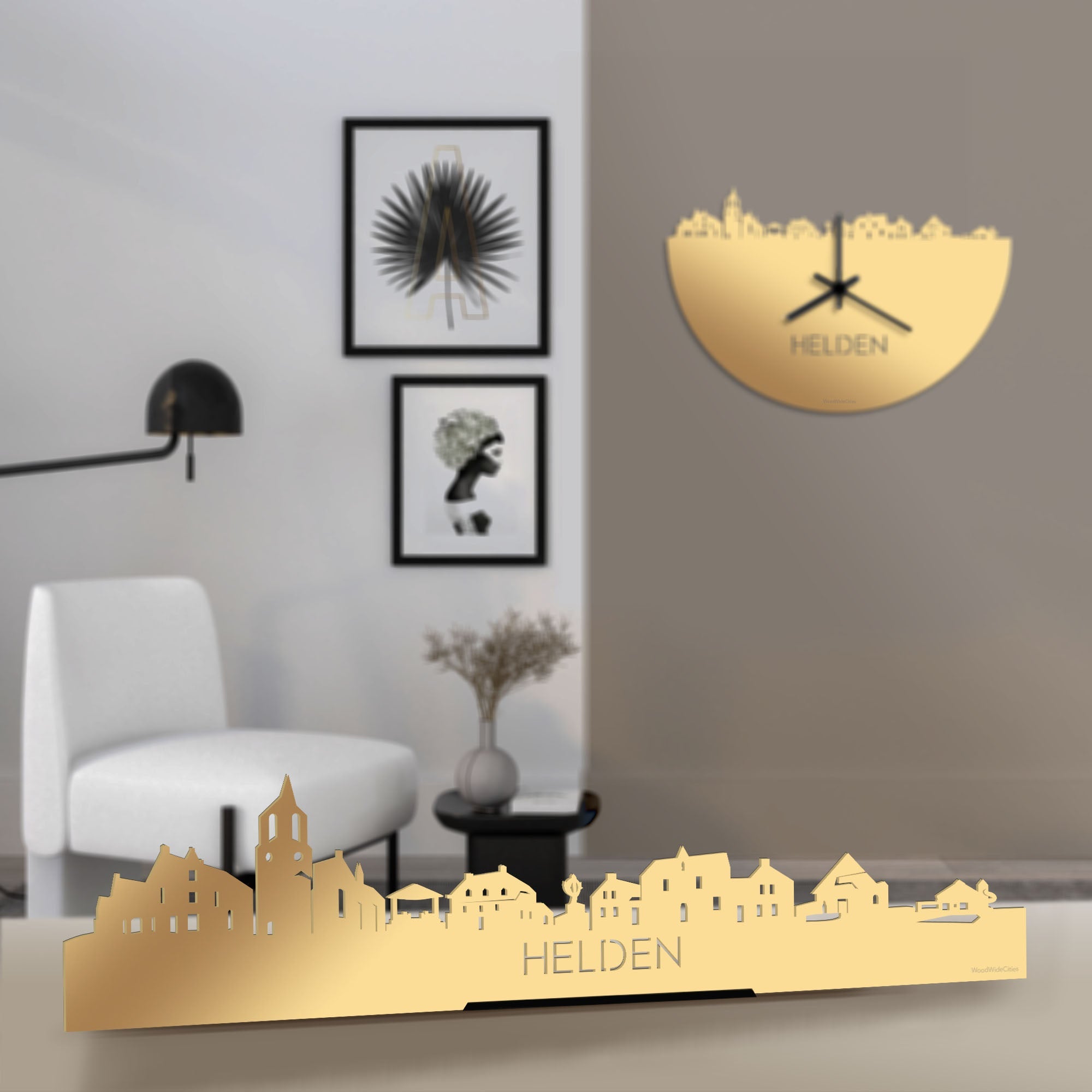 Standing Skyline Helden Metallic Goud gerecycled kunststof cadeau decoratie relatiegeschenk van WoodWideCities