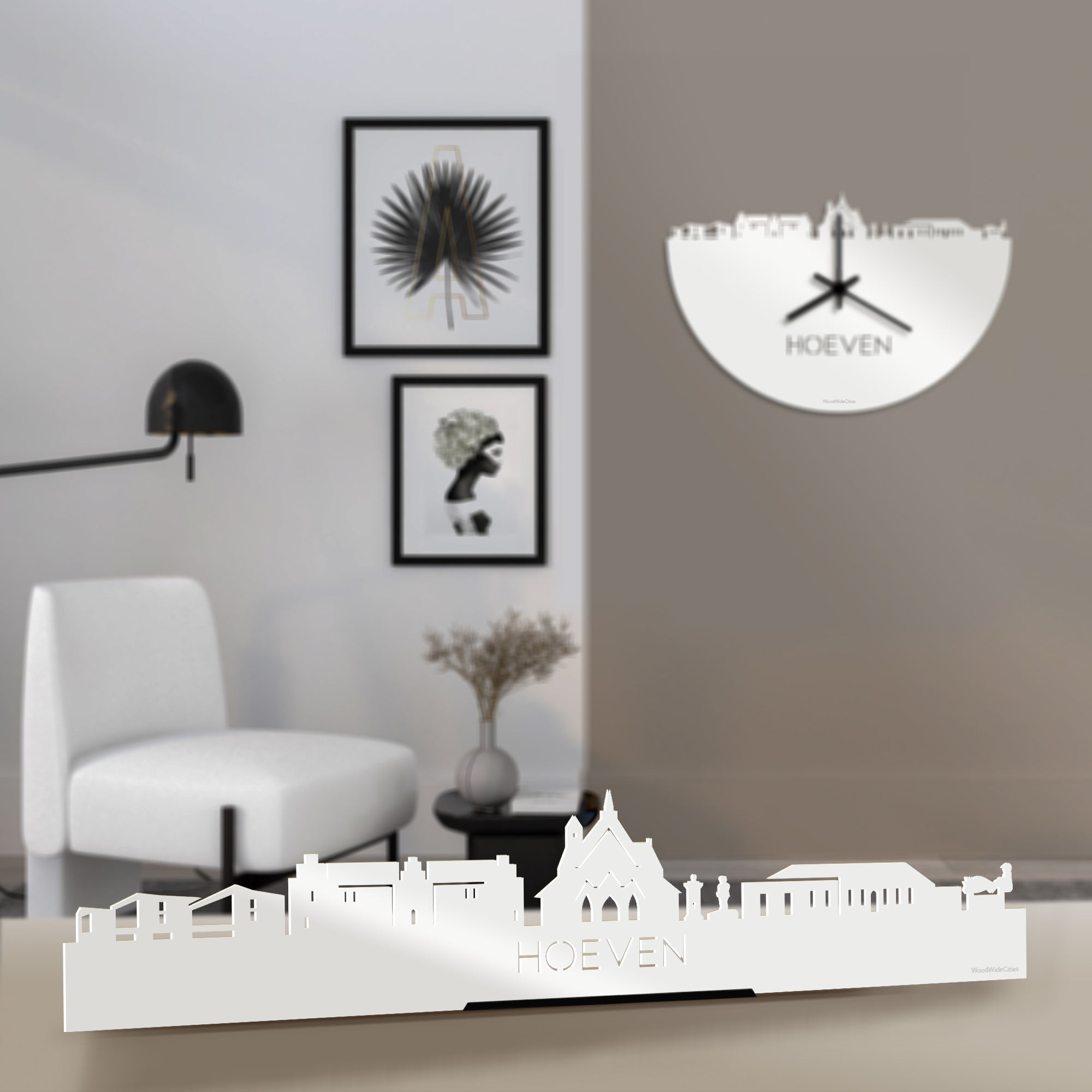 Standing Skyline Hoeven Wit glanzend gerecycled kunststof cadeau decoratie relatiegeschenk van WoodWideCities