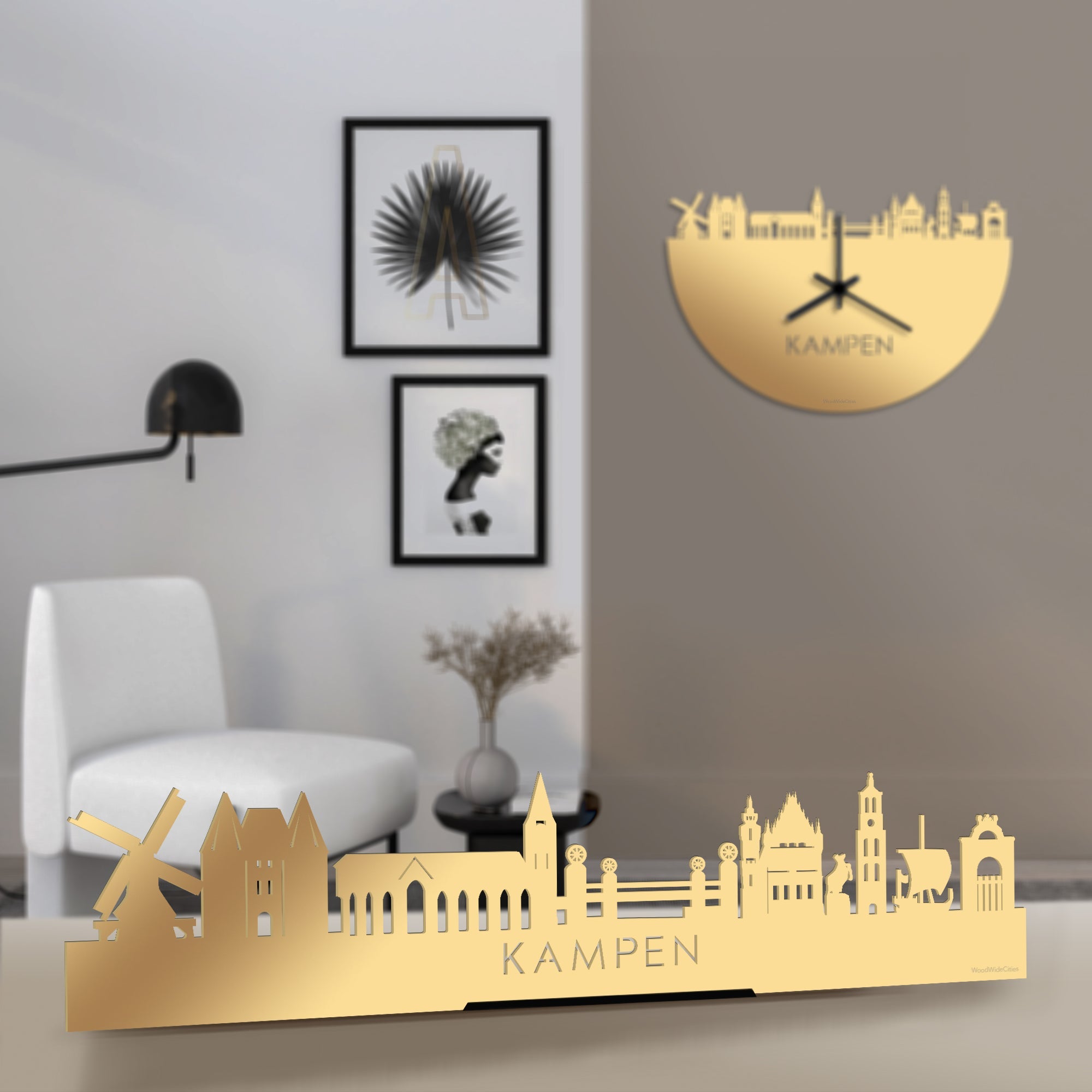 Standing Skyline Kampen Metallic Goud gerecycled kunststof cadeau decoratie relatiegeschenk van WoodWideCities