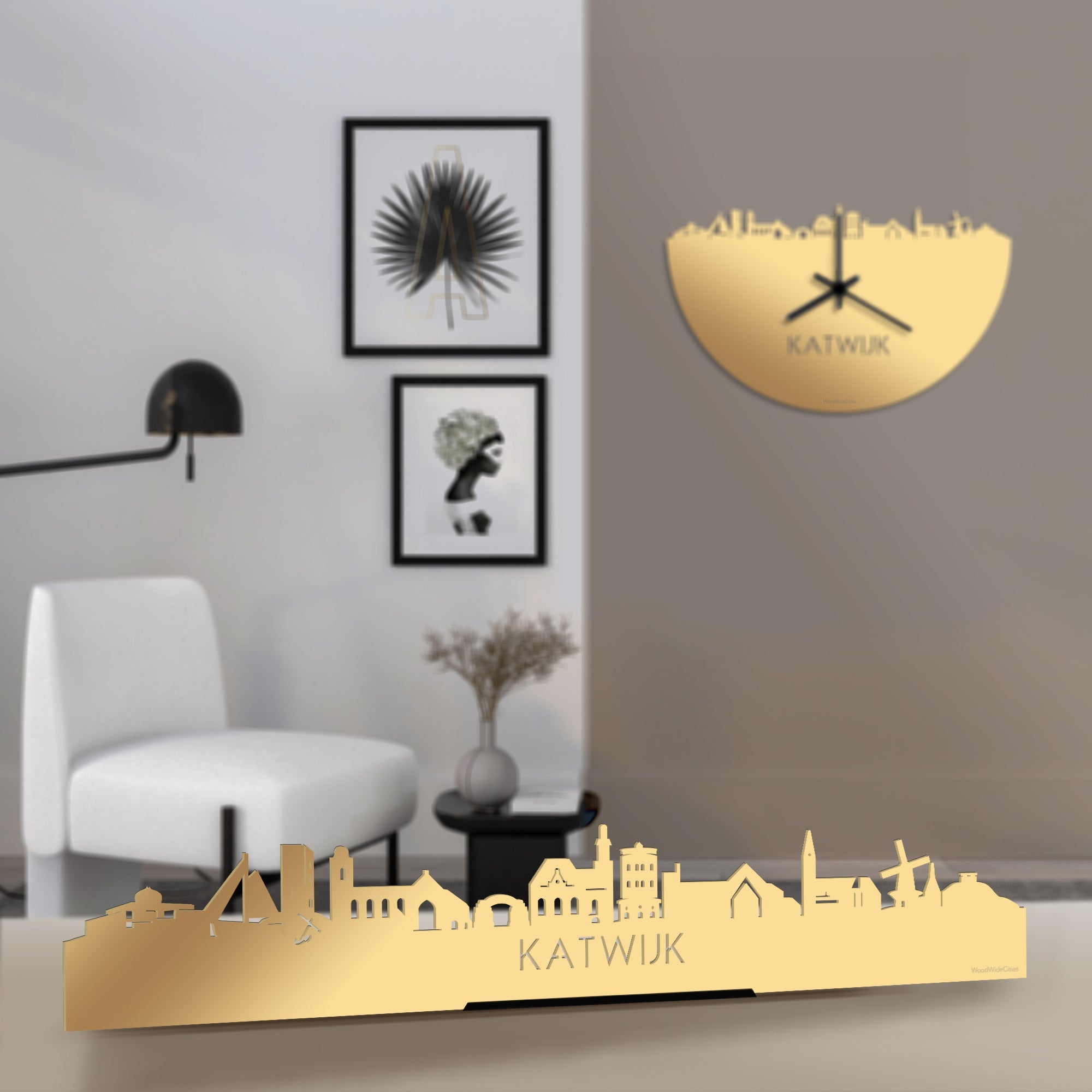 Standing Skyline Katwijk Metallic Goud gerecycled kunststof cadeau decoratie relatiegeschenk van WoodWideCities