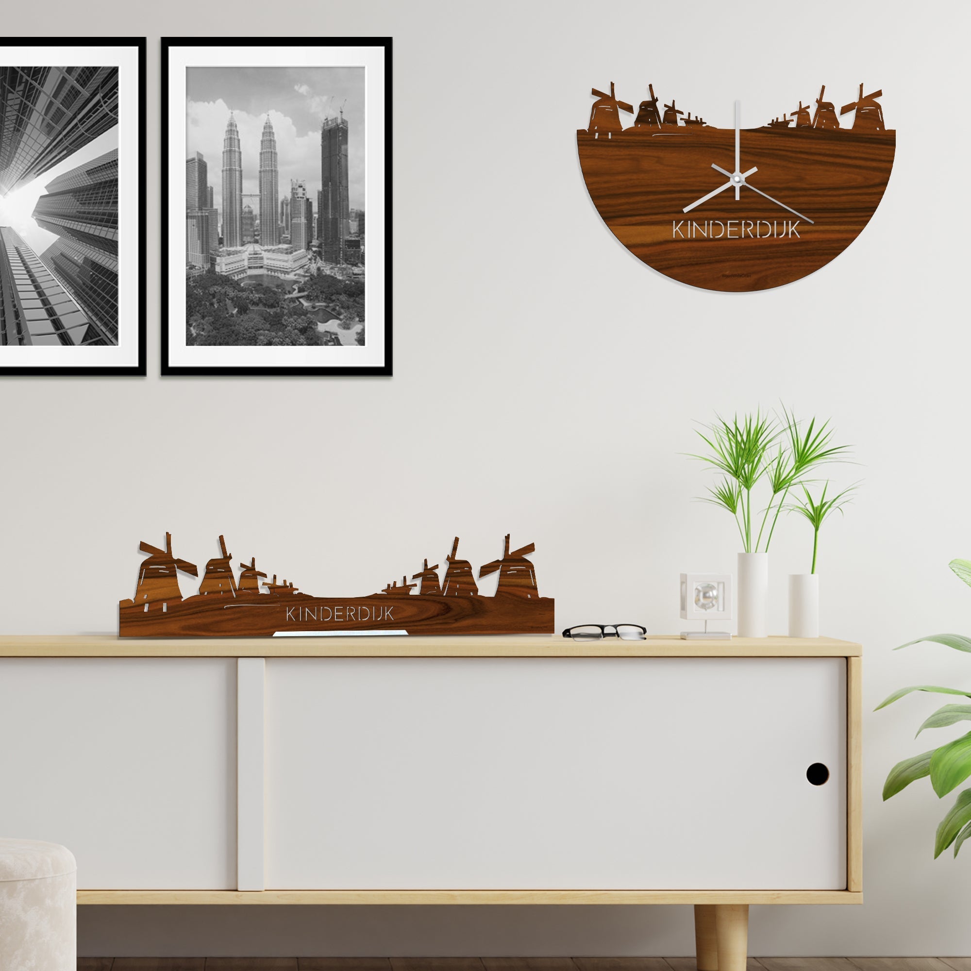 Standing Skyline Kinderdijk Palissander houten cadeau decoratie relatiegeschenk van WoodWideCities