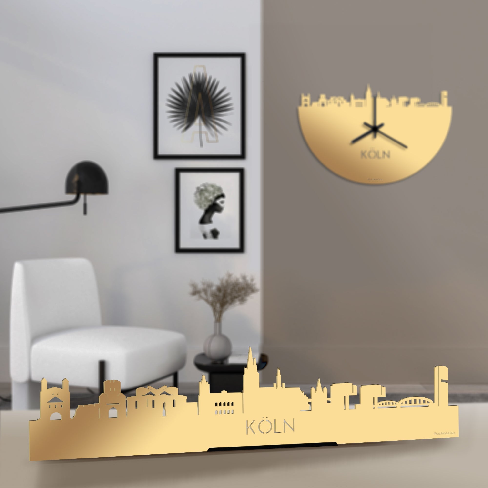 Standing Skyline Köln Metallic Goud gerecycled kunststof cadeau decoratie relatiegeschenk van WoodWideCities