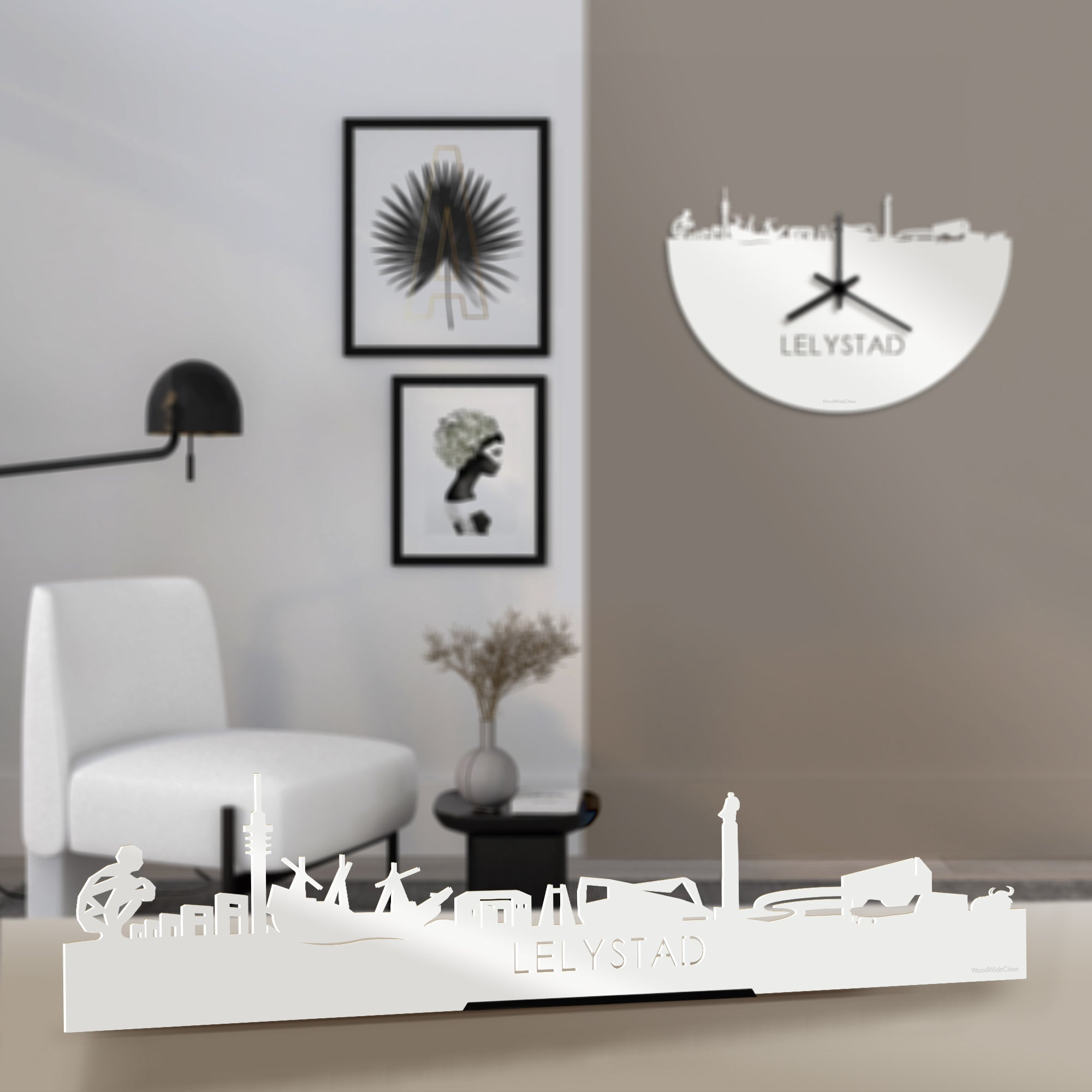 Standing Skyline Lelystad Wit glanzend gerecycled kunststof cadeau decoratie relatiegeschenk van WoodWideCities