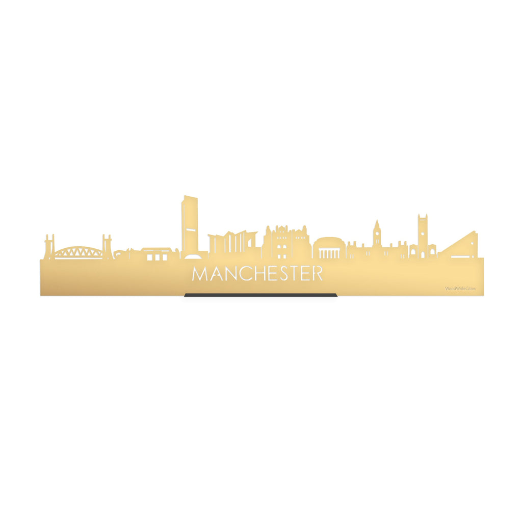 Standing Skyline Manchester Metallic Goud gerecycled kunststof cadeau decoratie relatiegeschenk van WoodWideCities