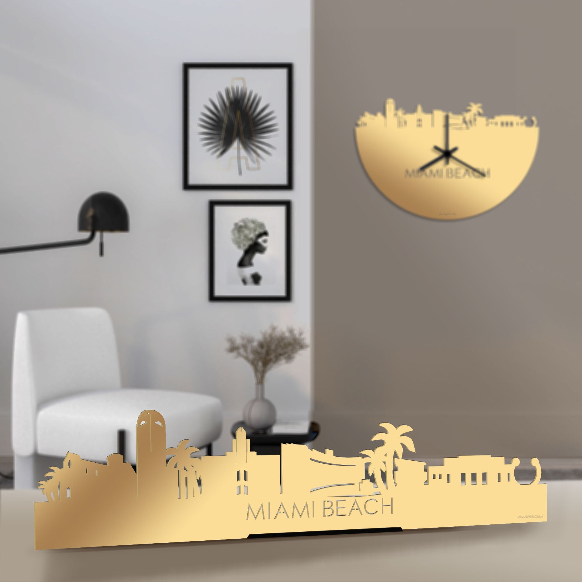 Standing Skyline Miami-beach Metallic Goud gerecycled kunststof cadeau decoratie relatiegeschenk van WoodWideCities