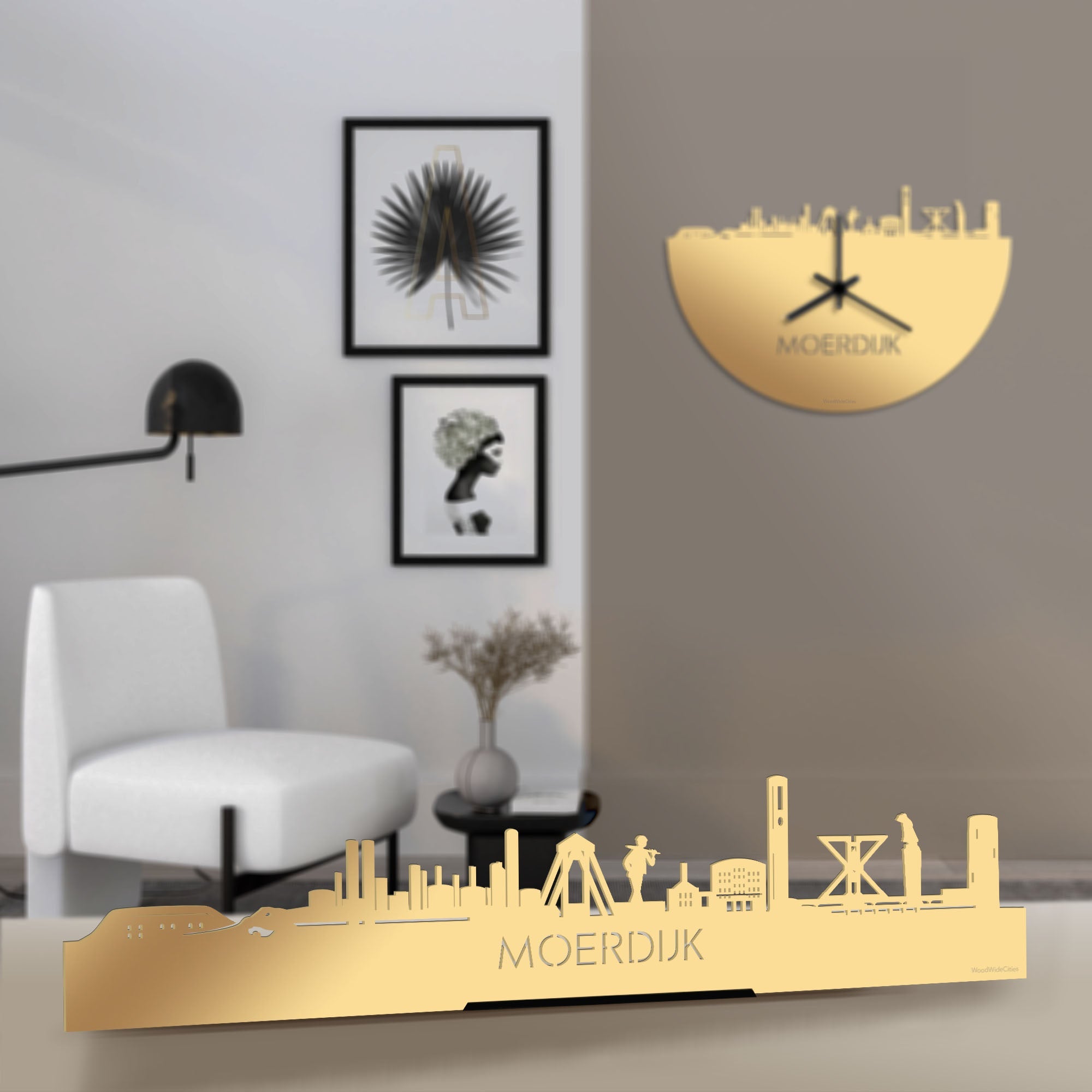 Standing Skyline Moerdijk Metallic Goud gerecycled kunststof cadeau decoratie relatiegeschenk van WoodWideCities