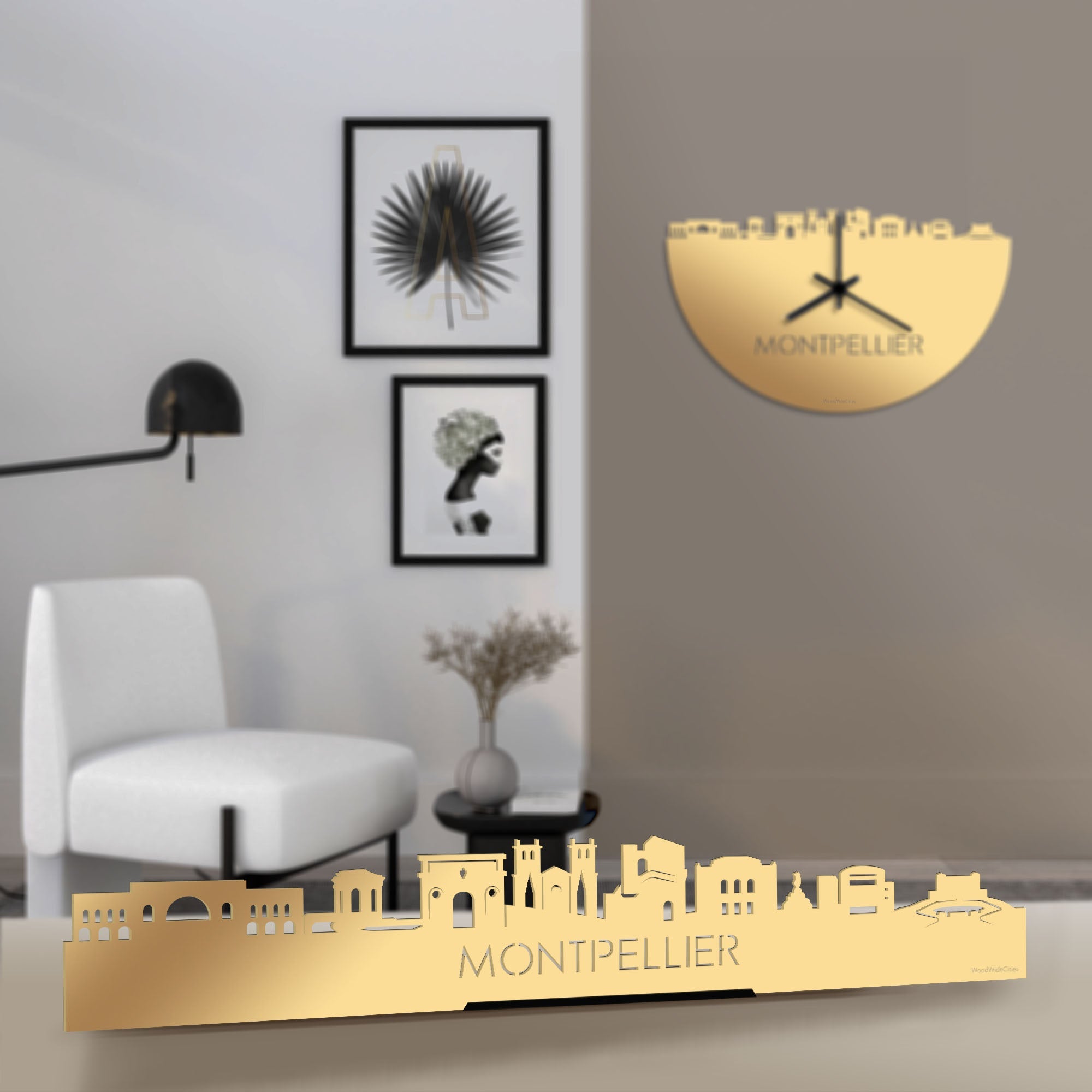 Standing Skyline Montpellier Metallic Goud gerecycled kunststof cadeau decoratie relatiegeschenk van WoodWideCities