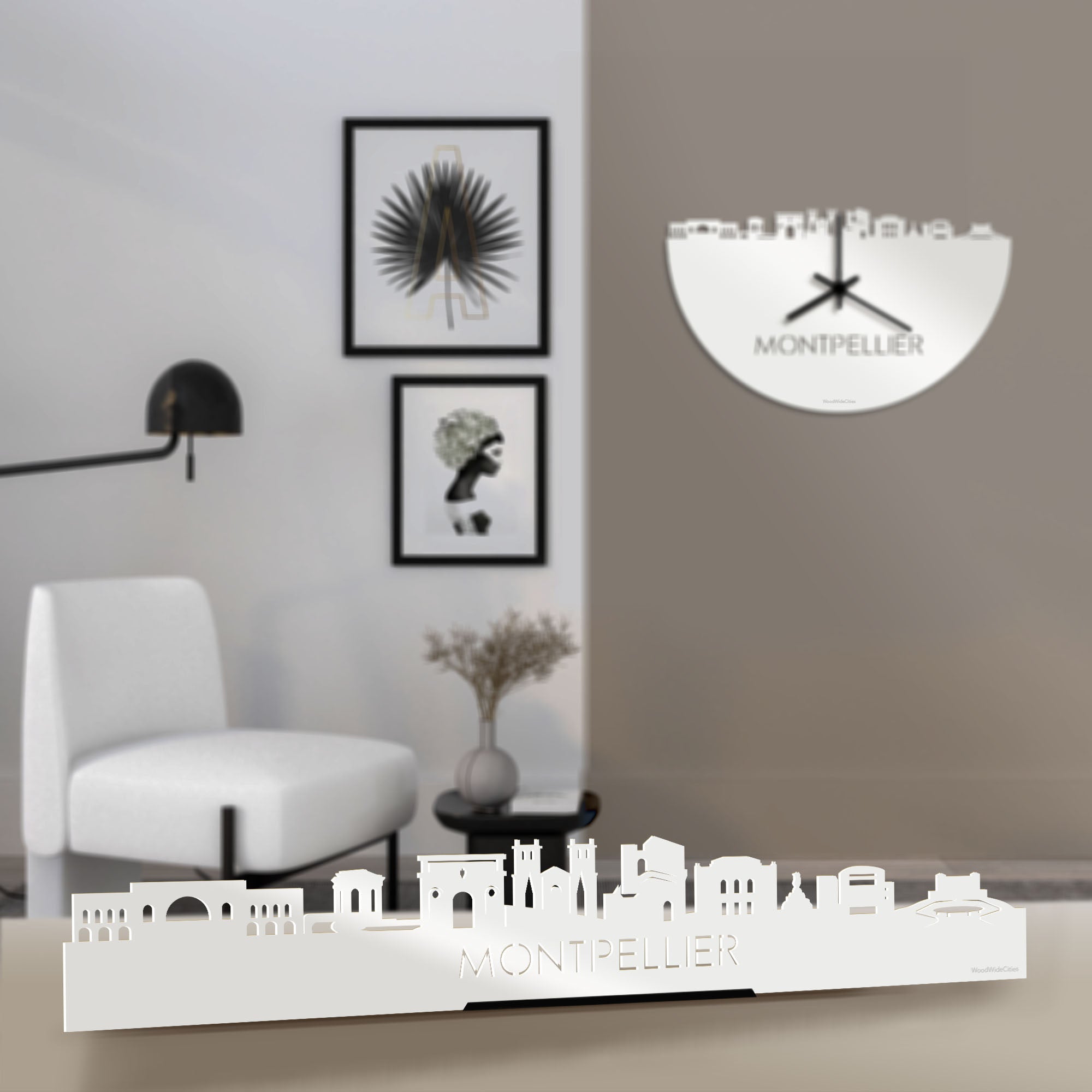 Standing Skyline Montpellier Wit glanzend gerecycled kunststof cadeau decoratie relatiegeschenk van WoodWideCities