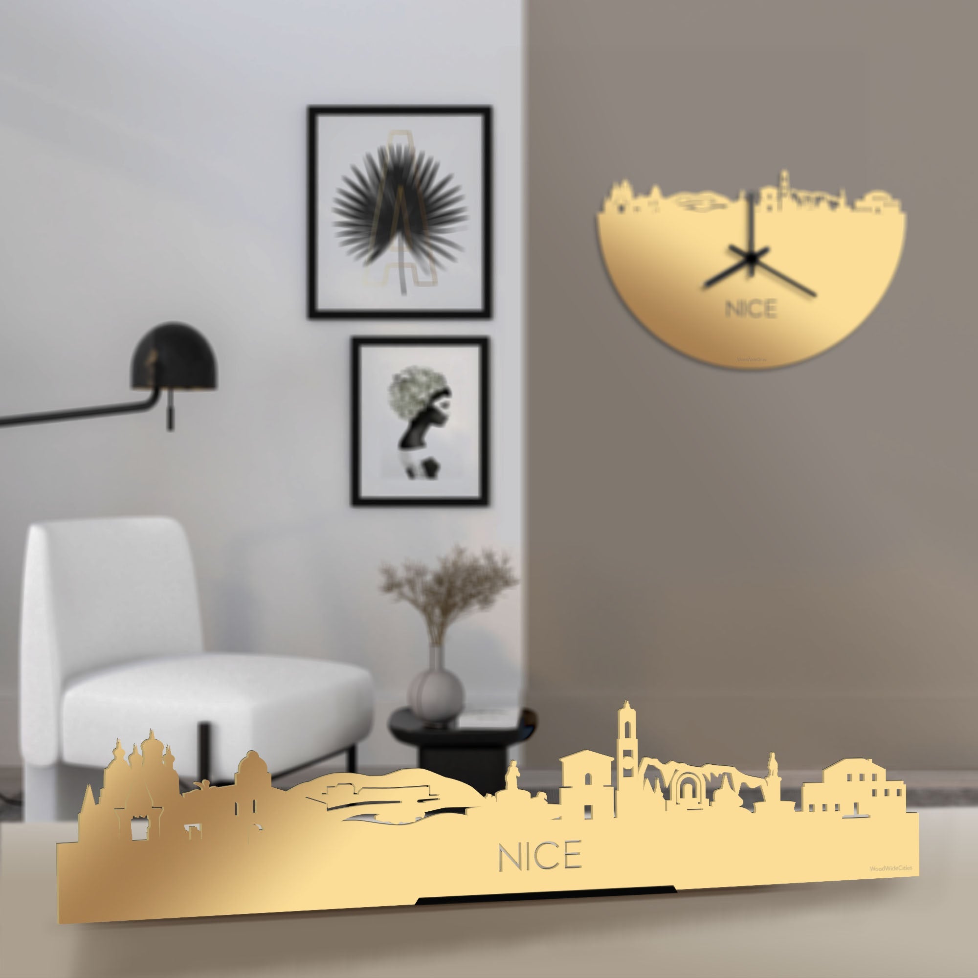 Standing Skyline Nice Metallic Goud gerecycled kunststof cadeau decoratie relatiegeschenk van WoodWideCities