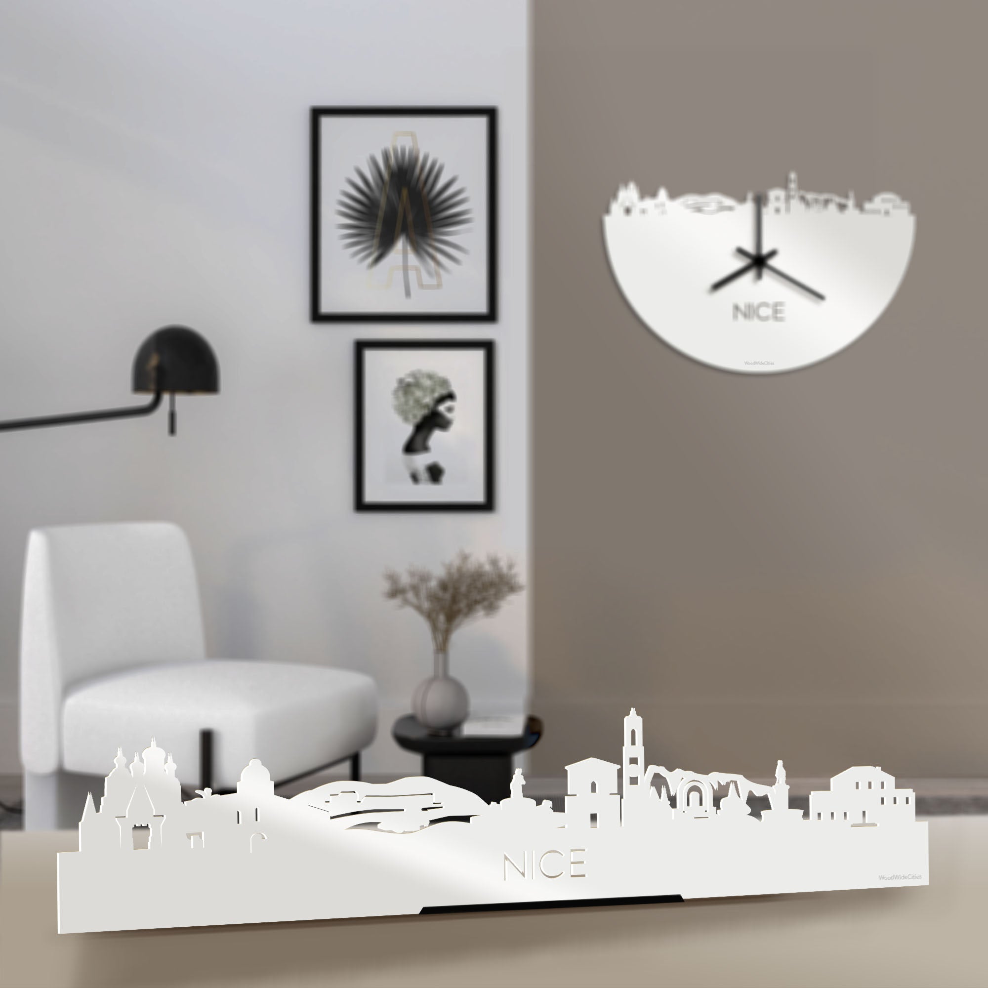 Standing Skyline Nice Wit glanzend gerecycled kunststof cadeau decoratie relatiegeschenk van WoodWideCities