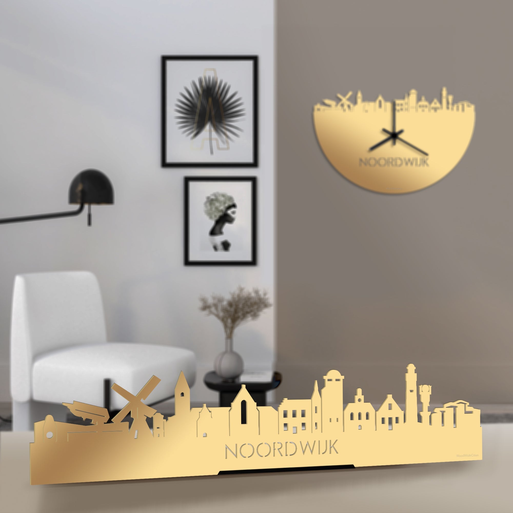 Standing Skyline Noordwijk Metallic Goud gerecycled kunststof cadeau decoratie relatiegeschenk van WoodWideCities