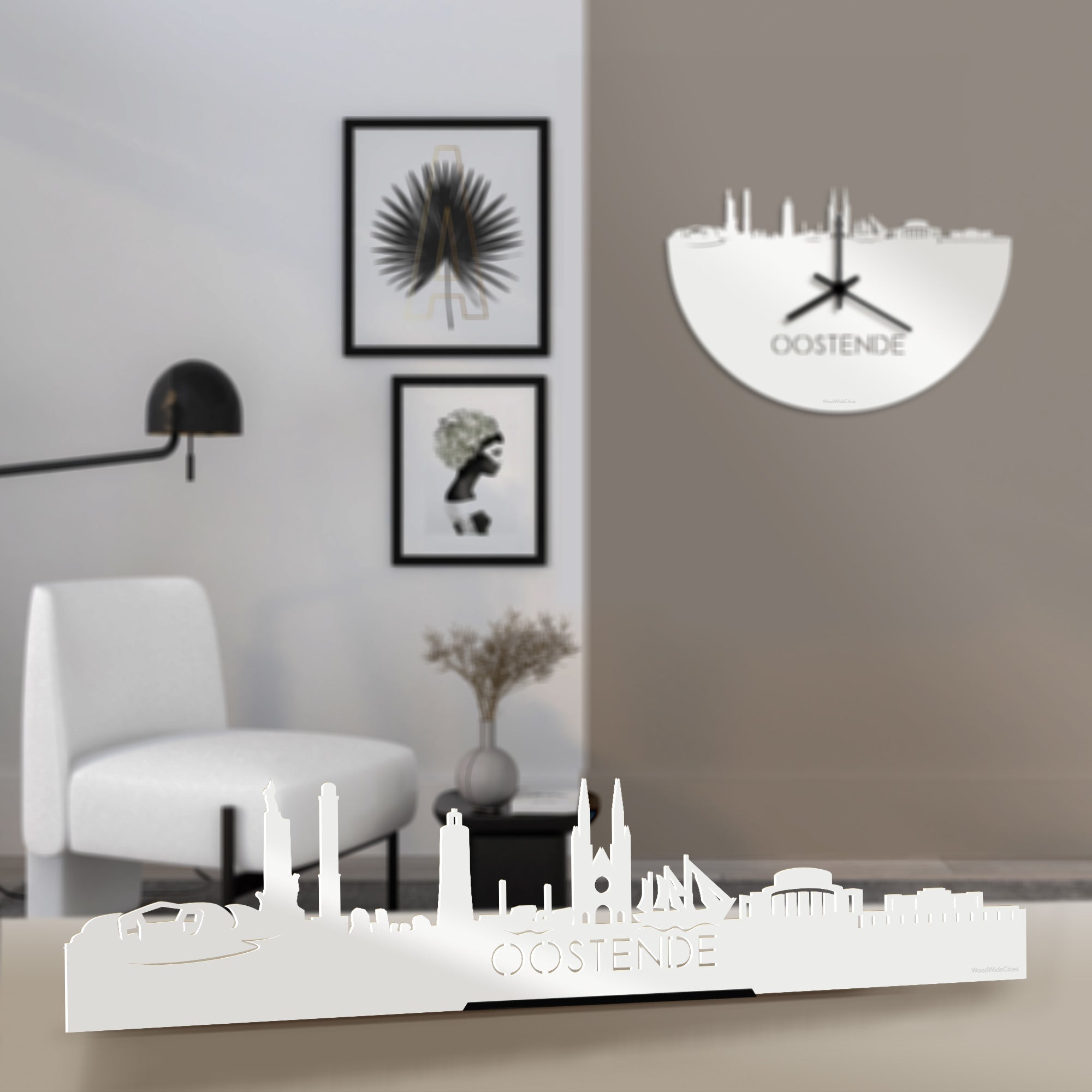 Standing Skyline Oostende Wit glanzend gerecycled kunststof cadeau decoratie relatiegeschenk van WoodWideCities