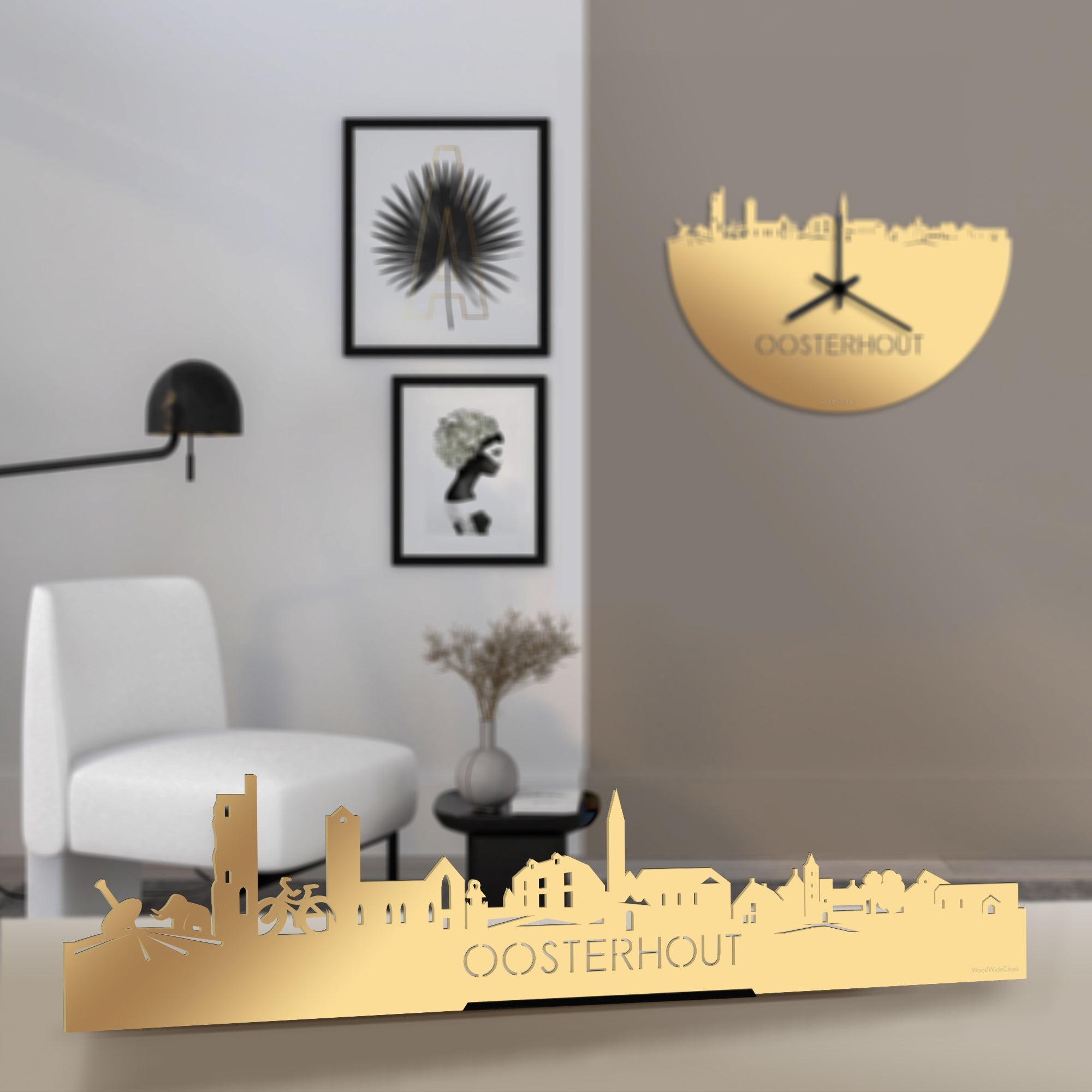 Standing Skyline Oosterhout Metallic Goud gerecycled kunststof cadeau decoratie relatiegeschenk van WoodWideCities