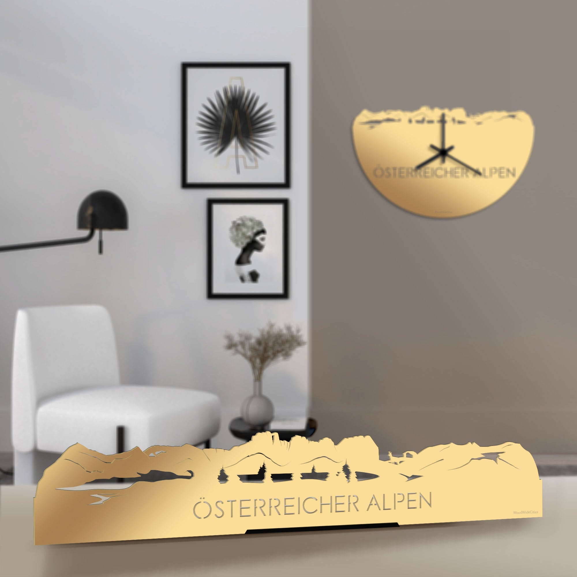 Standing Skyline Österreicher Alpen Metallic Goud gerecycled kunststof cadeau decoratie relatiegeschenk van WoodWideCities