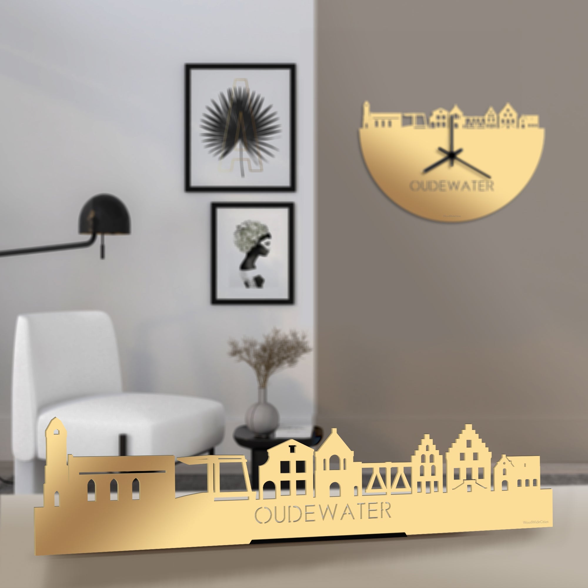 Standing Skyline Oudewater Metallic Goud gerecycled kunststof cadeau decoratie relatiegeschenk van WoodWideCities