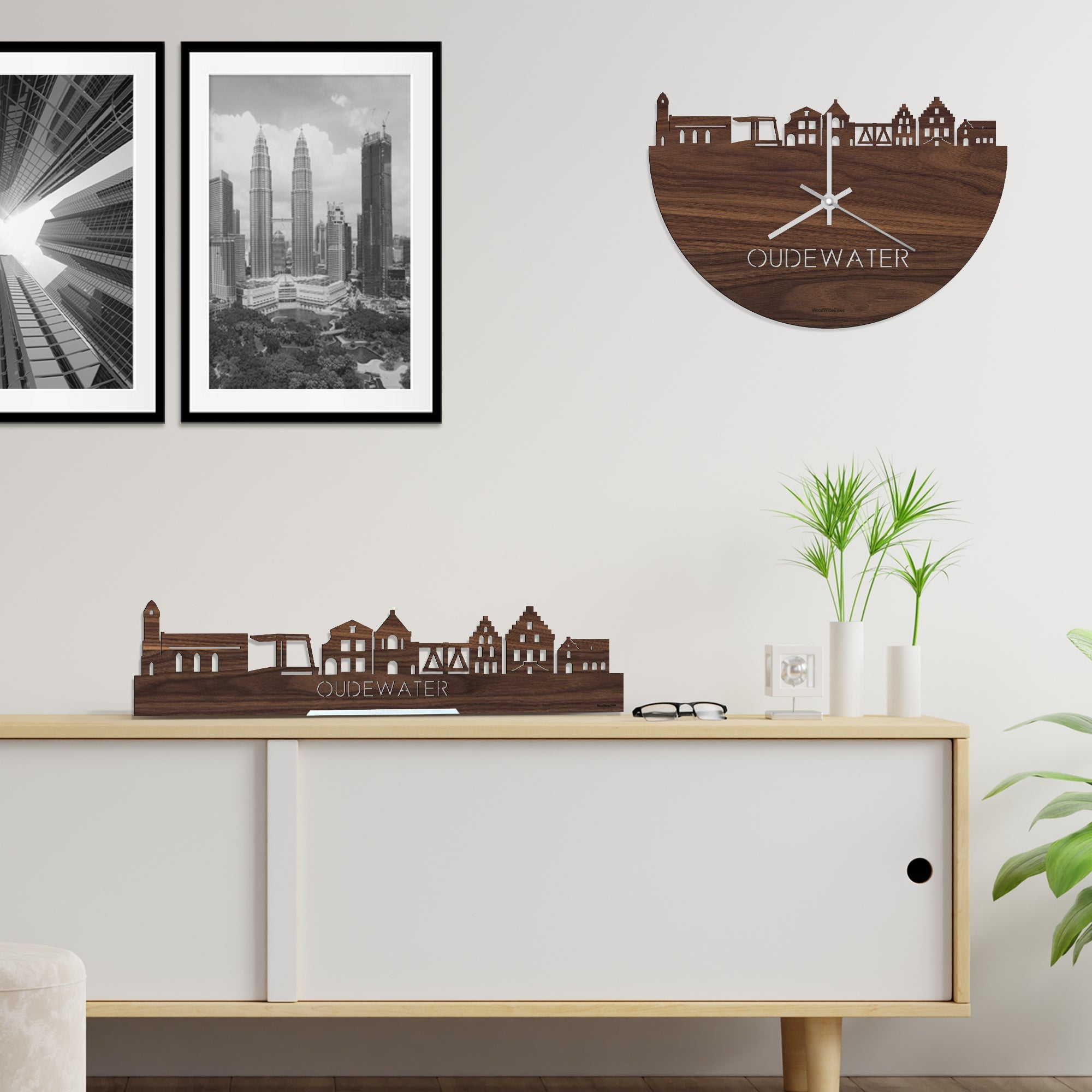 Standing Skyline Oudewater Noten houten cadeau decoratie relatiegeschenk van WoodWideCities