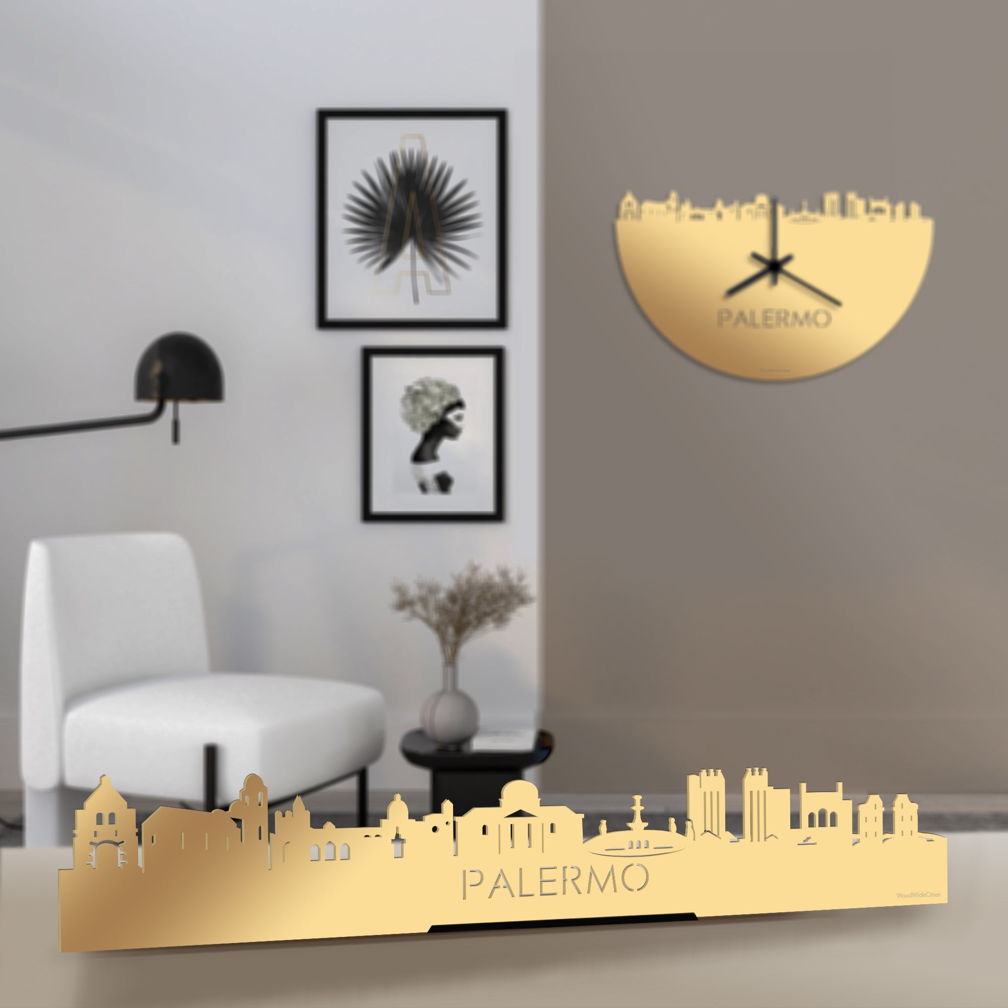 Standing Skyline Palermo Metallic Goud gerecycled kunststof cadeau decoratie relatiegeschenk van WoodWideCities