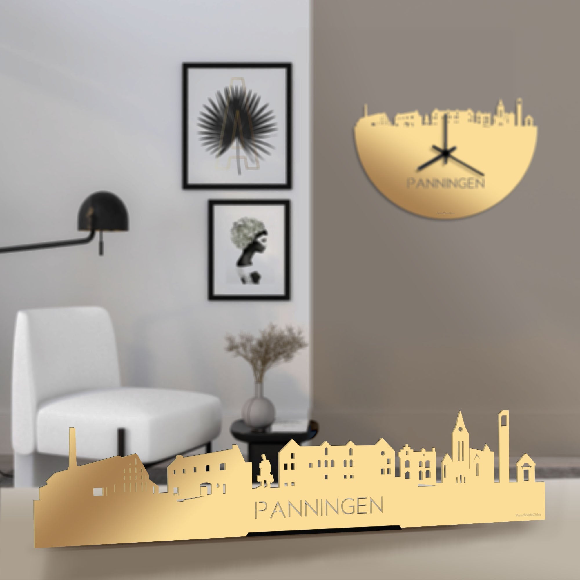 Standing Skyline Panningen Metallic Goud gerecycled kunststof cadeau decoratie relatiegeschenk van WoodWideCities