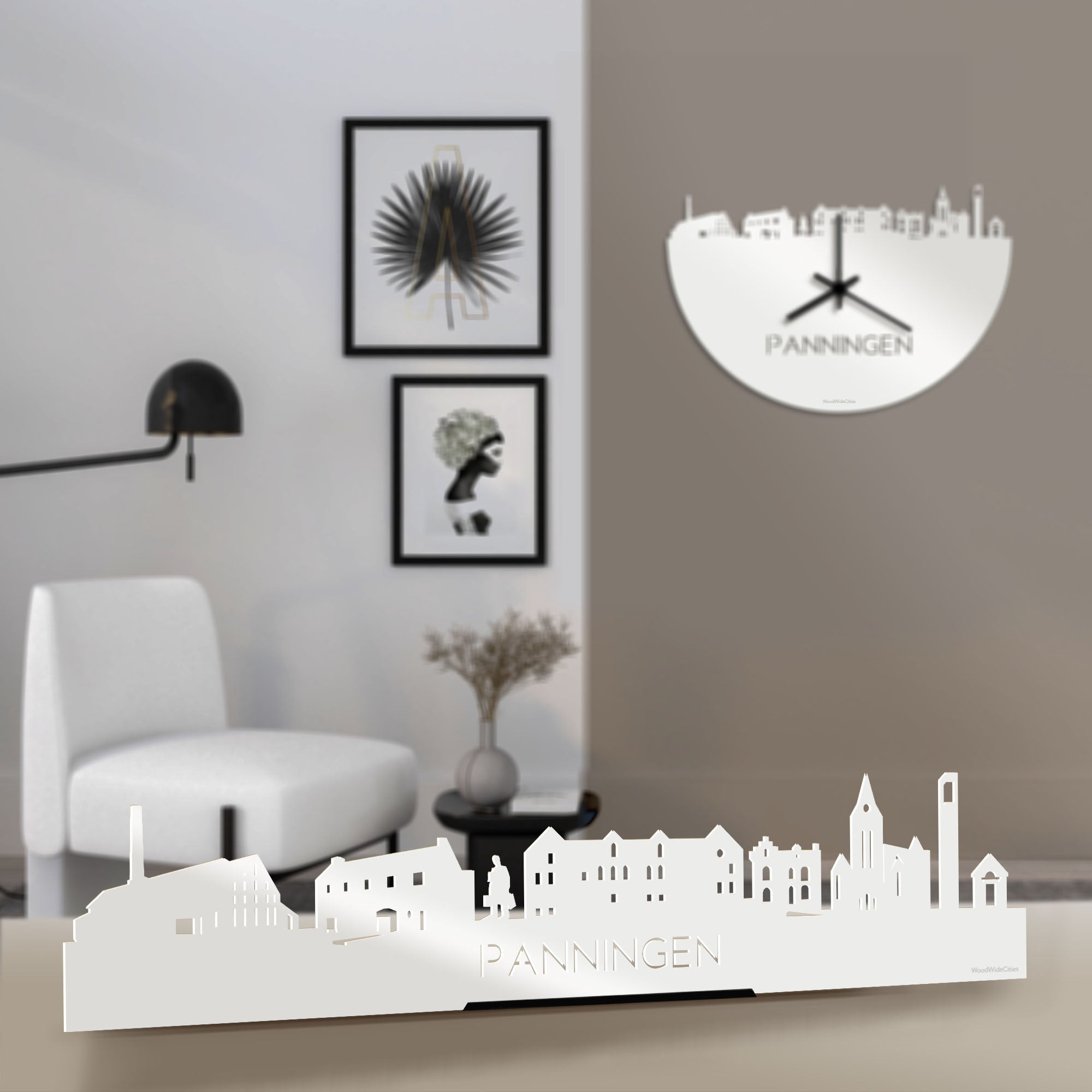 Standing Skyline Panningen Wit glanzend gerecycled kunststof cadeau decoratie relatiegeschenk van WoodWideCities