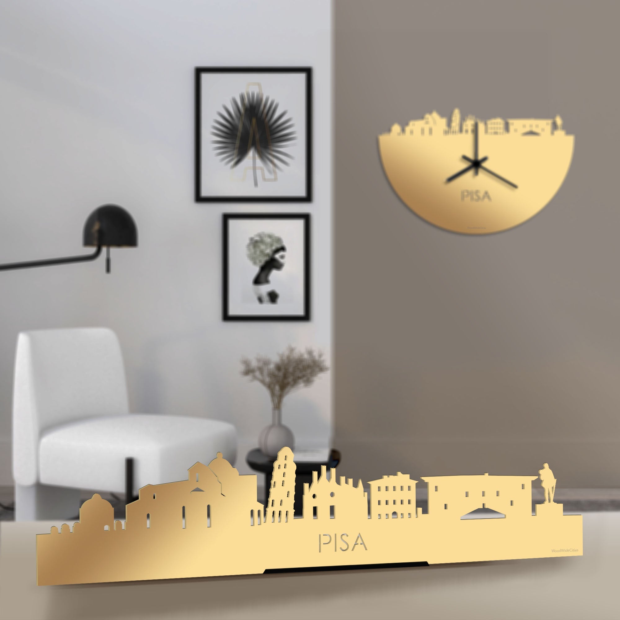 Standing Skyline Pisa Metallic Goud gerecycled kunststof cadeau decoratie relatiegeschenk van WoodWideCities