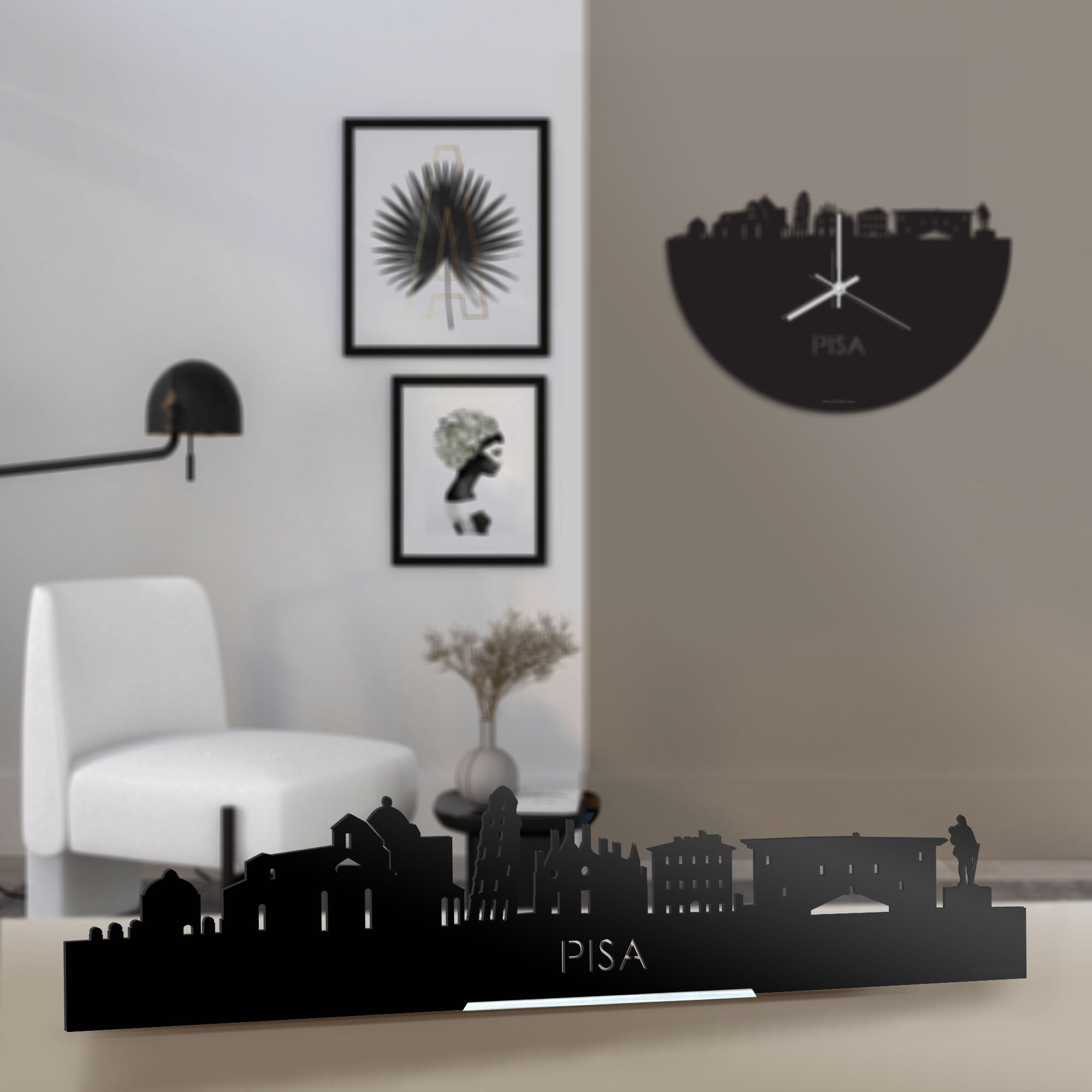 Standing Skyline Pisa Zwart glanzend gerecycled kunststof cadeau decoratie relatiegeschenk van WoodWideCities