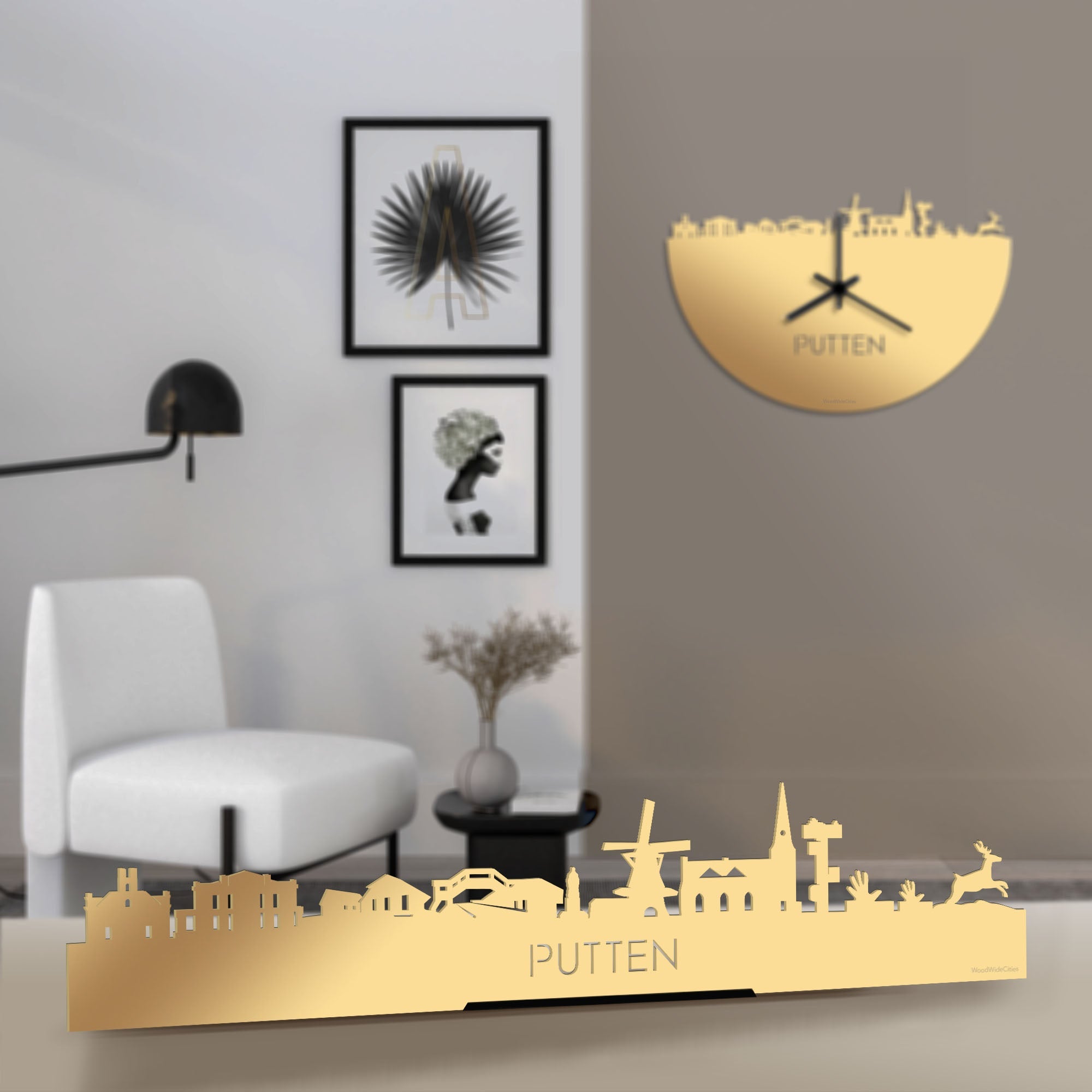 Standing Skyline Putten Metallic Goud gerecycled kunststof cadeau decoratie relatiegeschenk van WoodWideCities