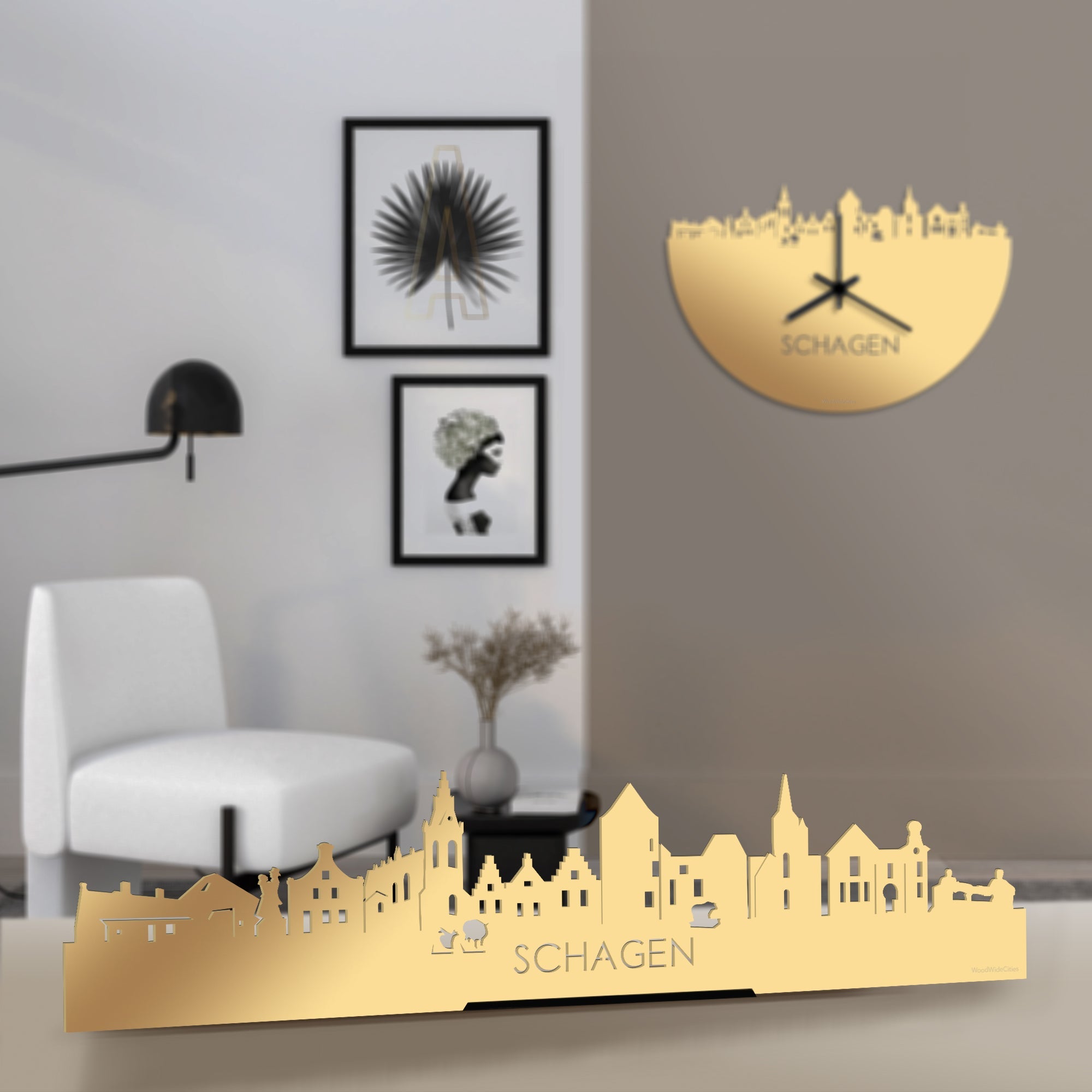 Standing Skyline Schagen Metallic Goud gerecycled kunststof cadeau decoratie relatiegeschenk van WoodWideCities