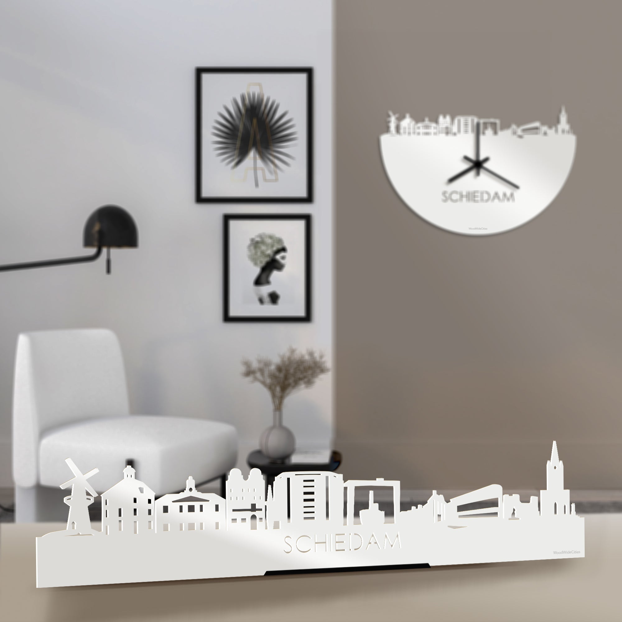 Standing Skyline Schiedam Wit glanzend gerecycled kunststof cadeau decoratie relatiegeschenk van WoodWideCities