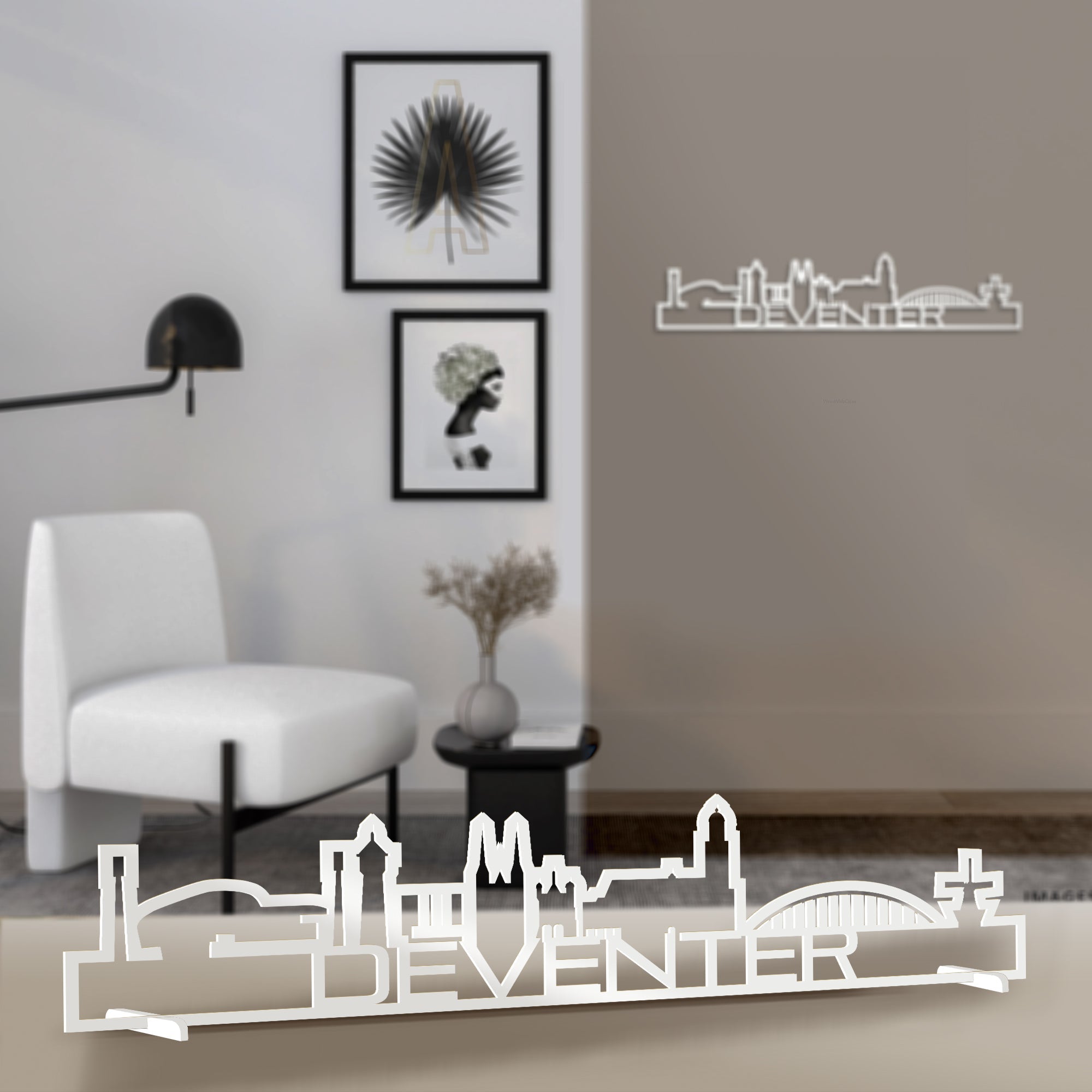 Standing Skyline Shape Deventer Wit glanzend gerecycled kunststof cadeau decoratie relatiegeschenk van WoodWideCities