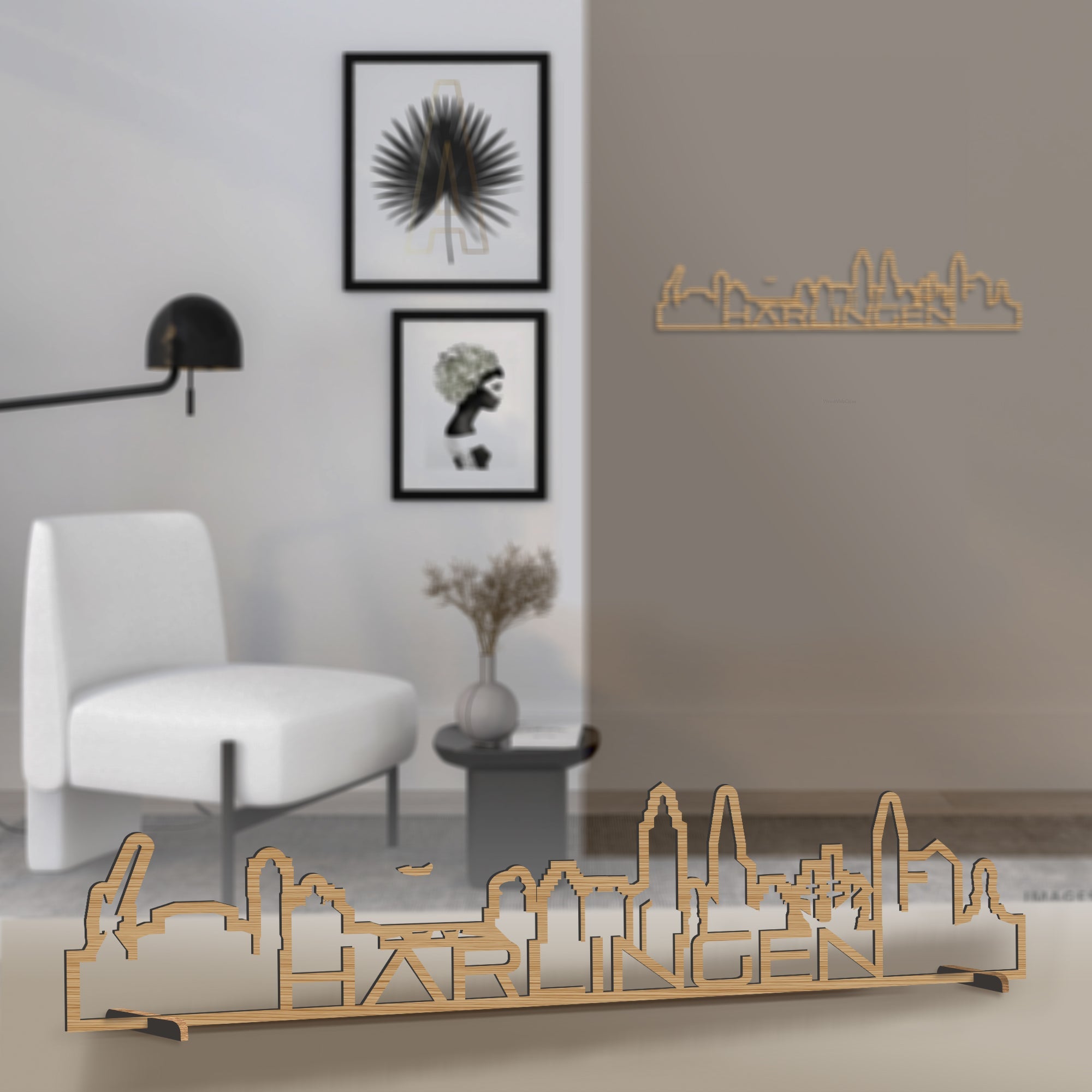 Standing Skyline Shape Harlingen Bamboe houten cadeau decoratie relatiegeschenk van WoodWideCities