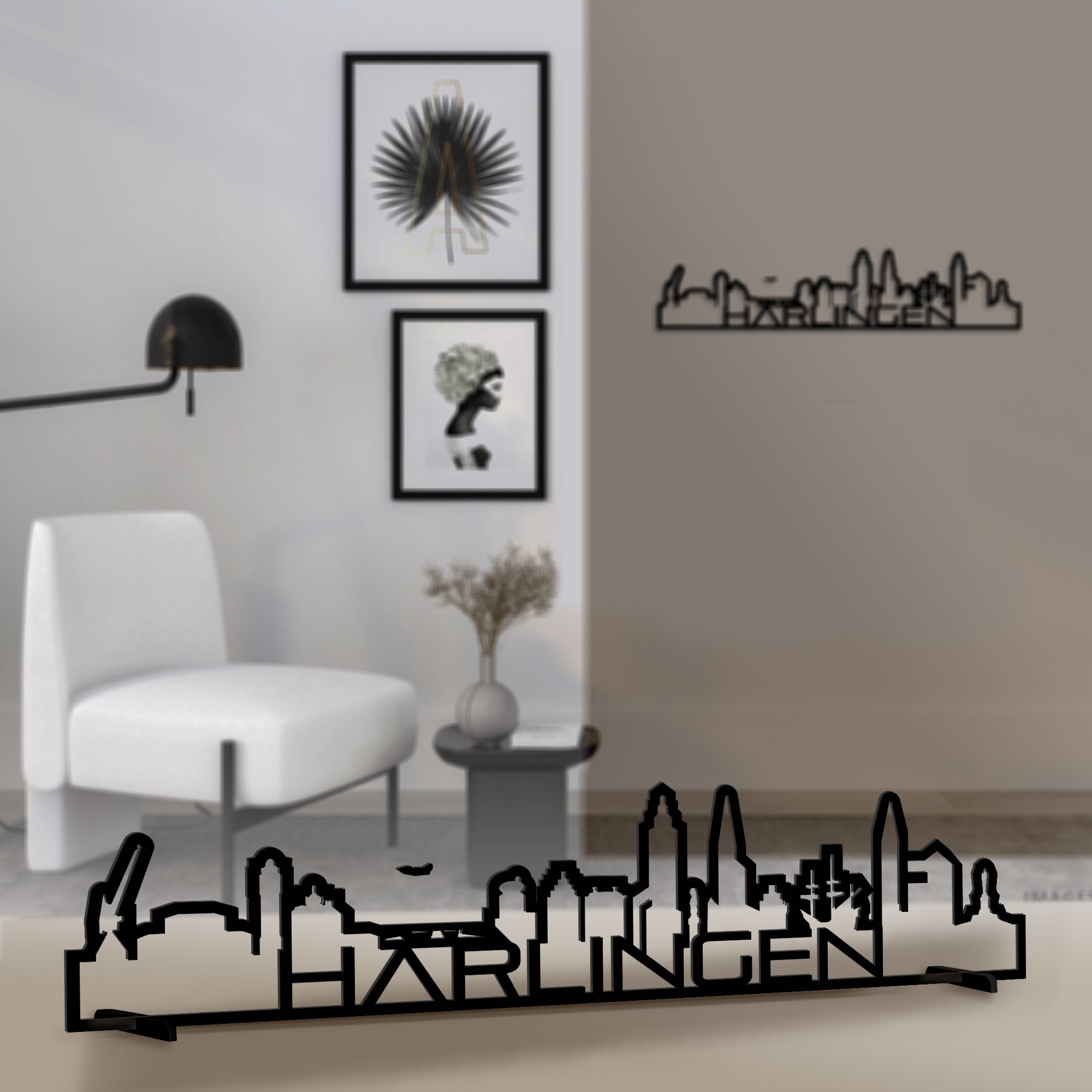 Standing Skyline Shape Harlingen Black houten cadeau decoratie relatiegeschenk van WoodWideCities