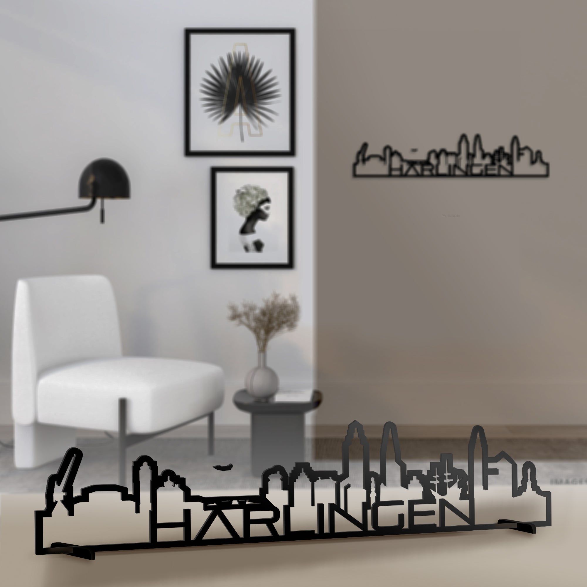 Standing Skyline Shape Harlingen Zwart glanzend gerecycled kunststof cadeau decoratie relatiegeschenk van WoodWideCities