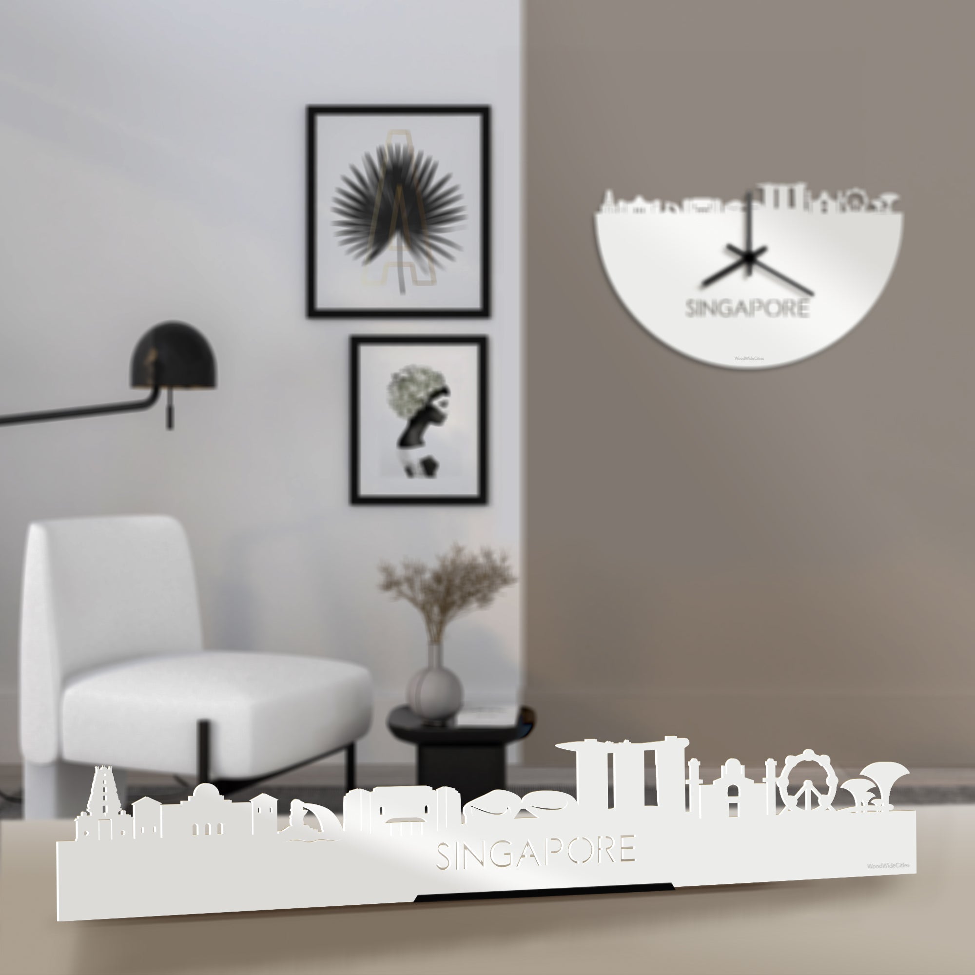 Standing Skyline Singapore Wit glanzend gerecycled kunststof cadeau decoratie relatiegeschenk van WoodWideCities