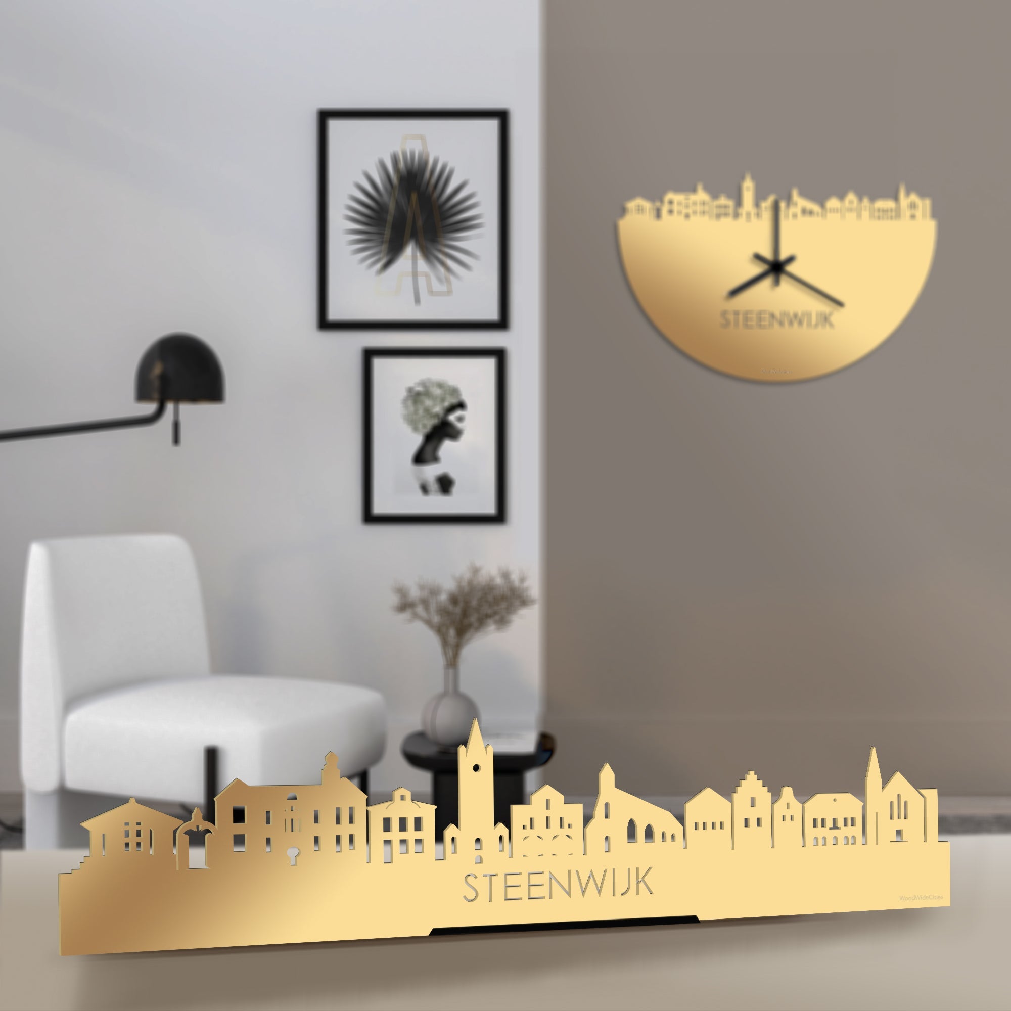 Standing Skyline Steenwijk Metallic Goud gerecycled kunststof cadeau decoratie relatiegeschenk van WoodWideCities