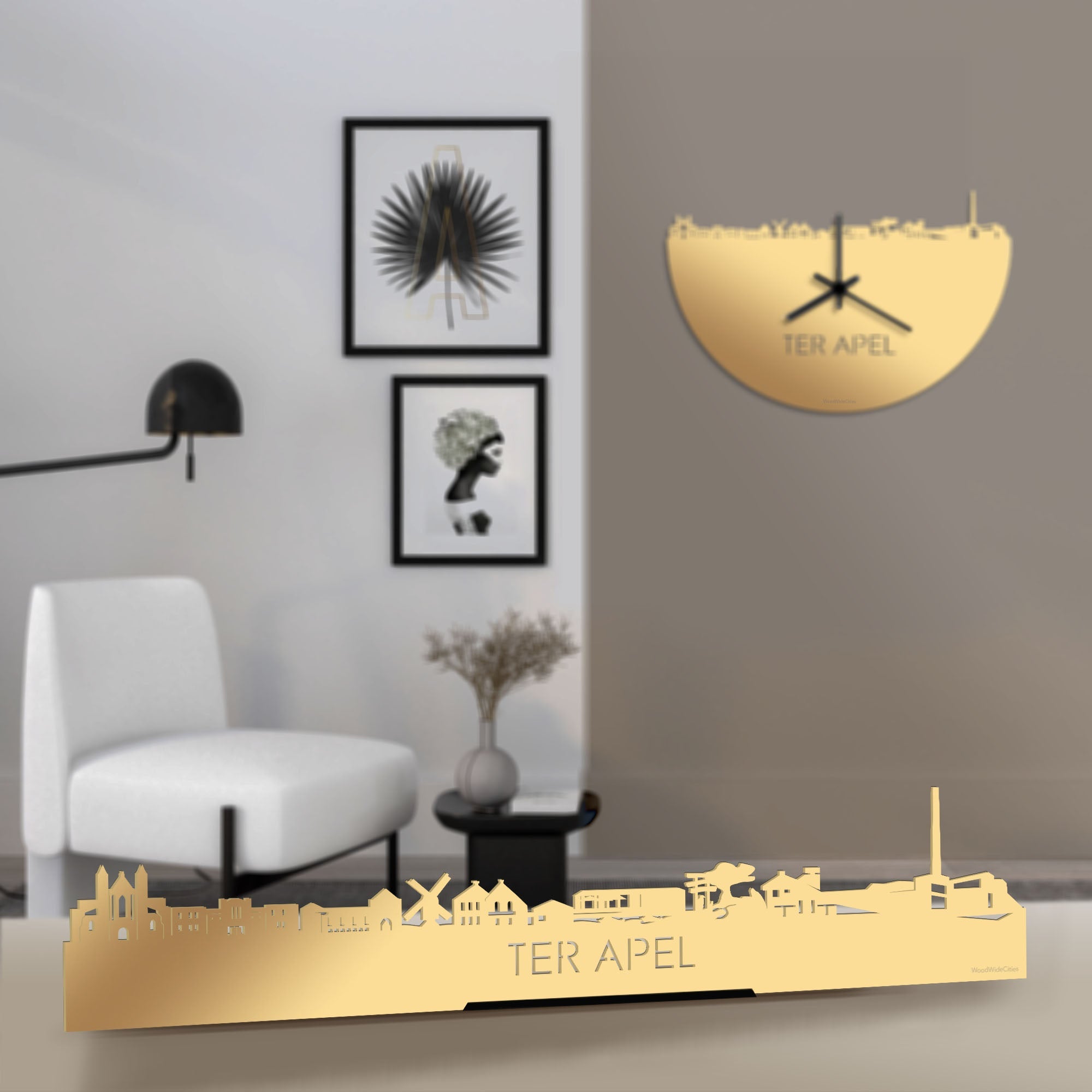 Standing Skyline Ter Apel Metallic Goud gerecycled kunststof cadeau decoratie relatiegeschenk van WoodWideCities