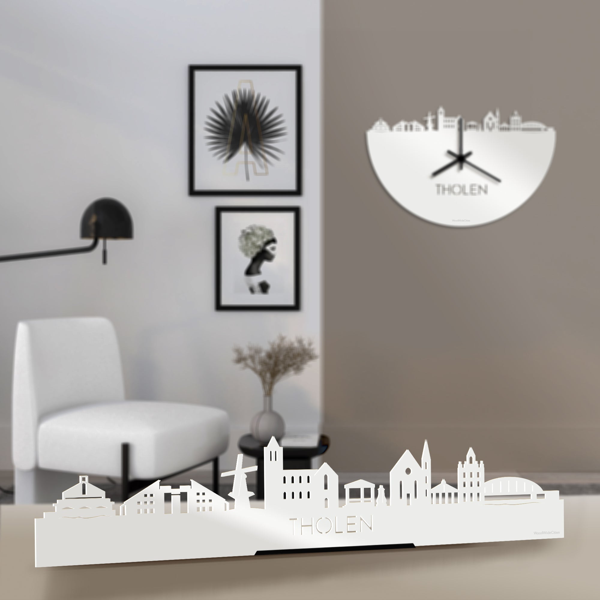 Standing Skyline Tholen Wit glanzend gerecycled kunststof cadeau decoratie relatiegeschenk van WoodWideCities