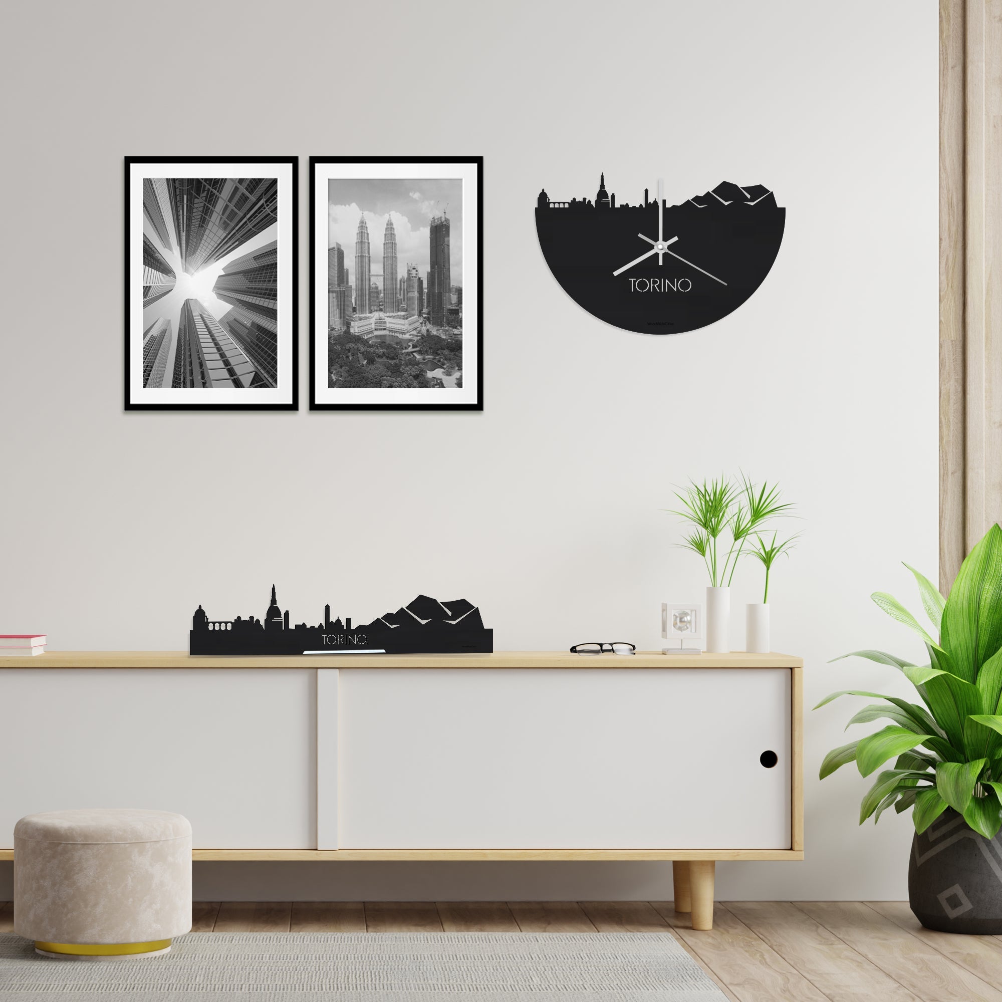 Standing Skyline Torino Zwart houten cadeau decoratie relatiegeschenk van WoodWideCities