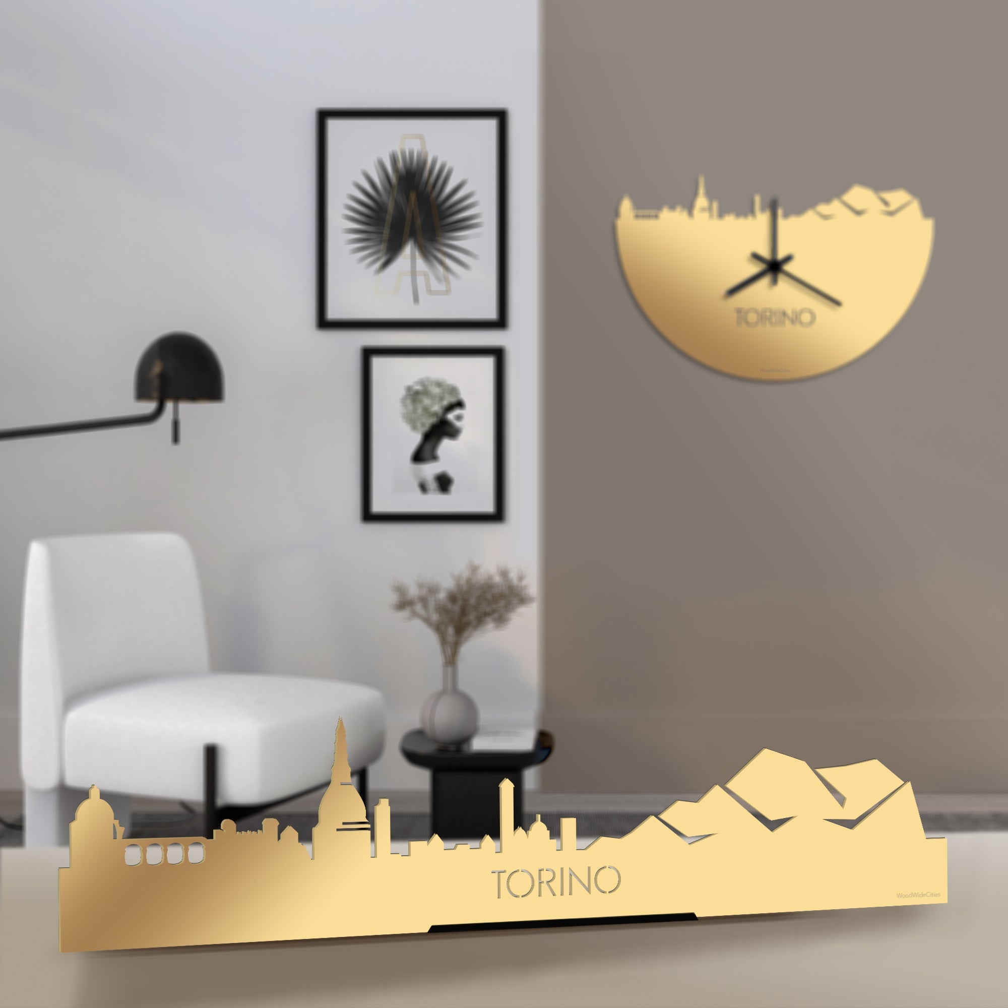 Standing Skyline Torino Metallic Goud gerecycled kunststof cadeau decoratie relatiegeschenk van WoodWideCities