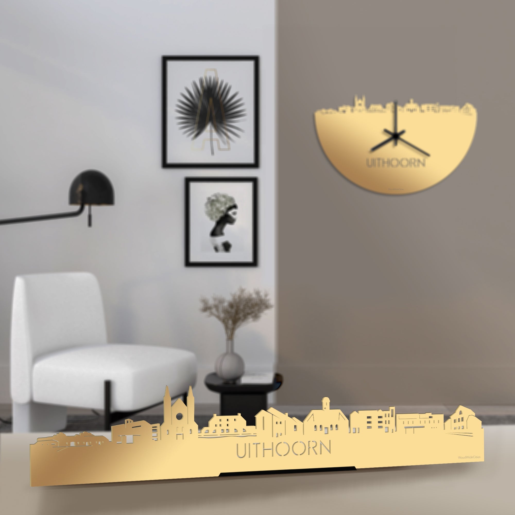 Standing Skyline Uithoorn Metallic Goud gerecycled kunststof cadeau decoratie relatiegeschenk van WoodWideCities