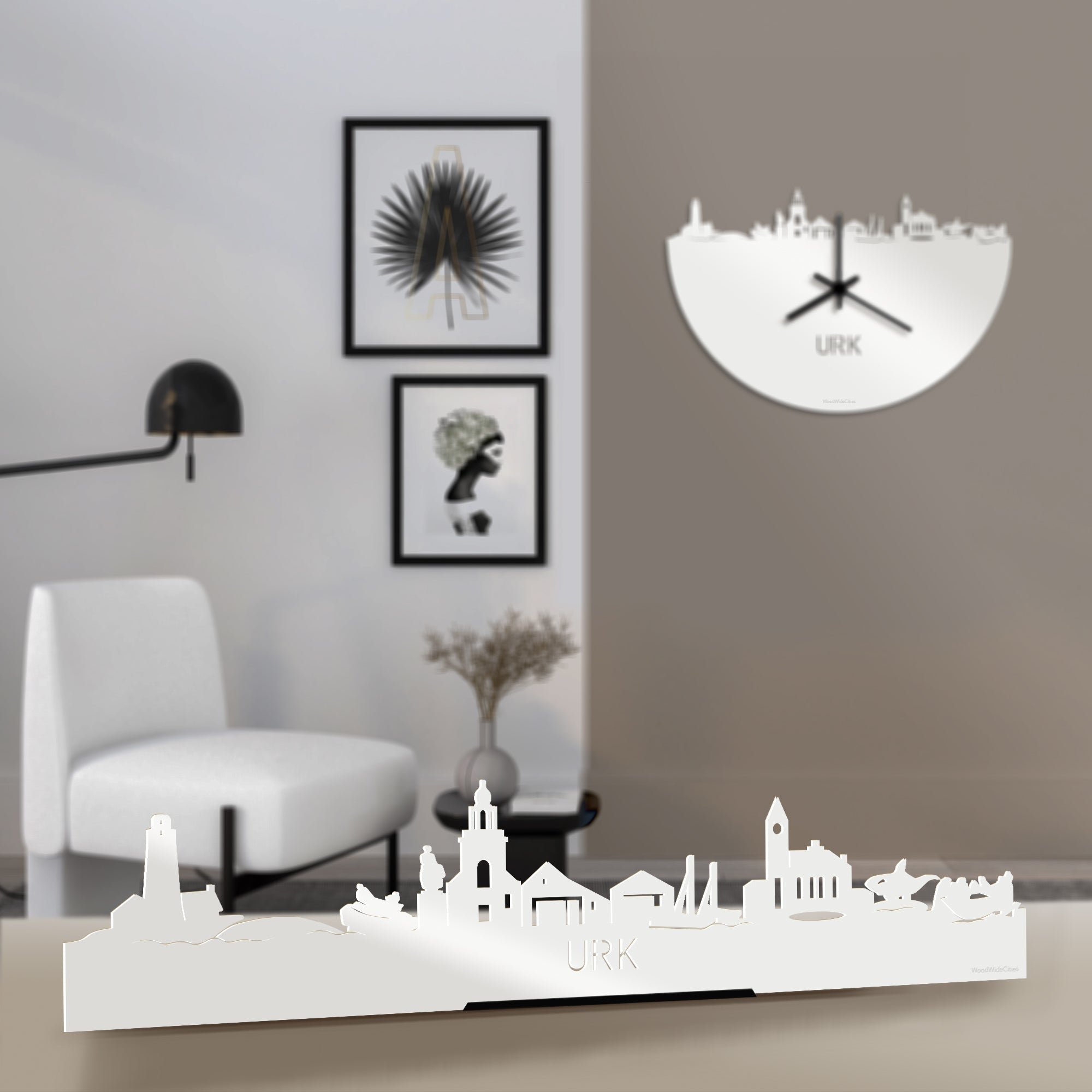 Standing Skyline Urk Wit glanzend gerecycled kunststof cadeau decoratie relatiegeschenk van WoodWideCities