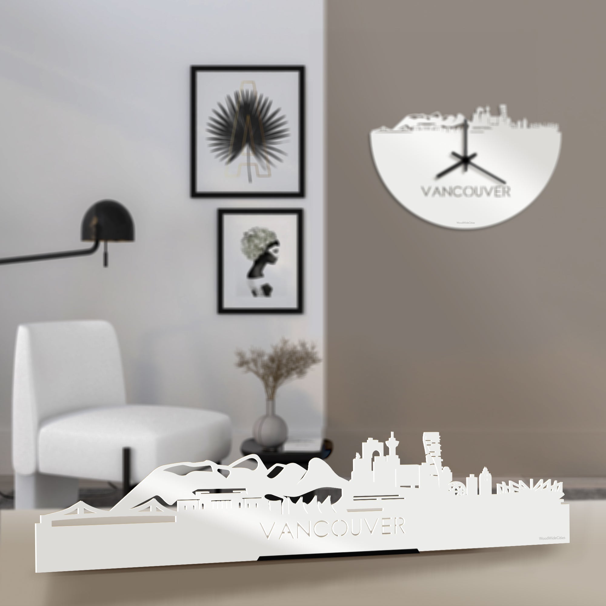 Standing Skyline Vancouver Wit glanzend gerecycled kunststof cadeau decoratie relatiegeschenk van WoodWideCities