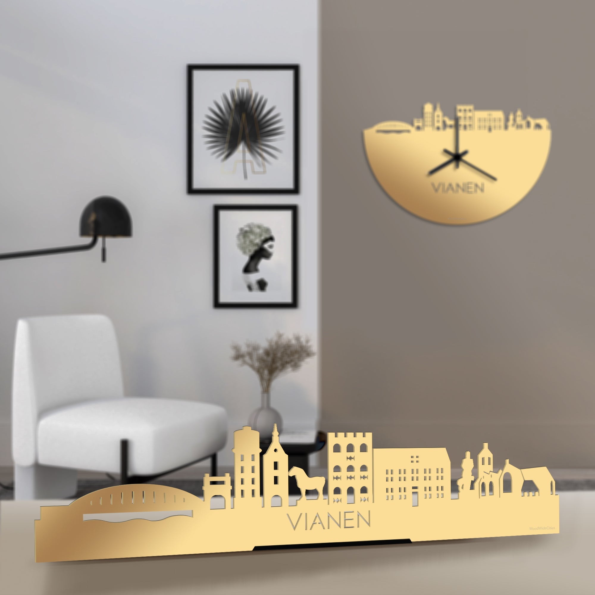 Standing Skyline Vianen Metallic Goud gerecycled kunststof cadeau decoratie relatiegeschenk van WoodWideCities