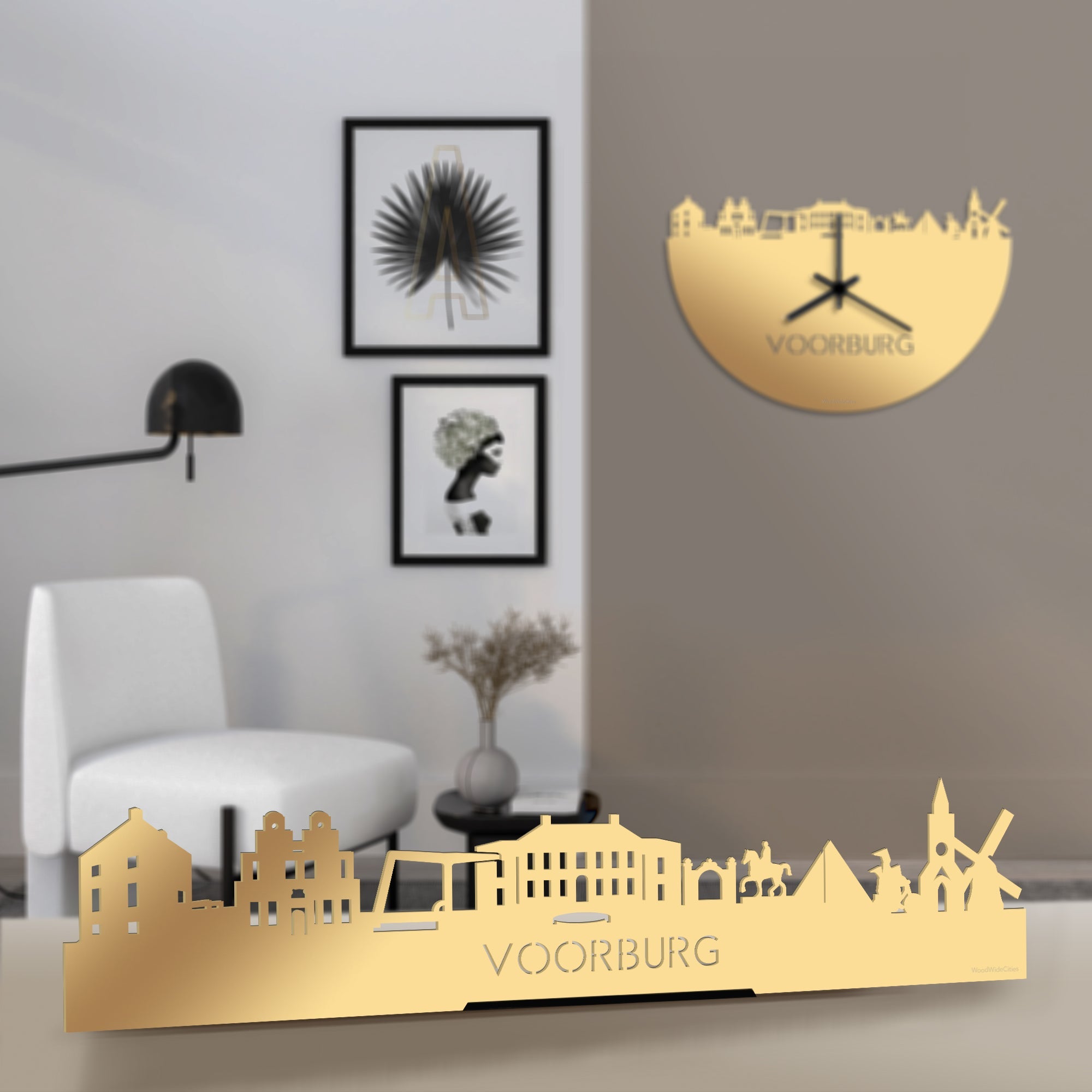 Standing Skyline Voorburg Metallic Goud gerecycled kunststof cadeau decoratie relatiegeschenk van WoodWideCities