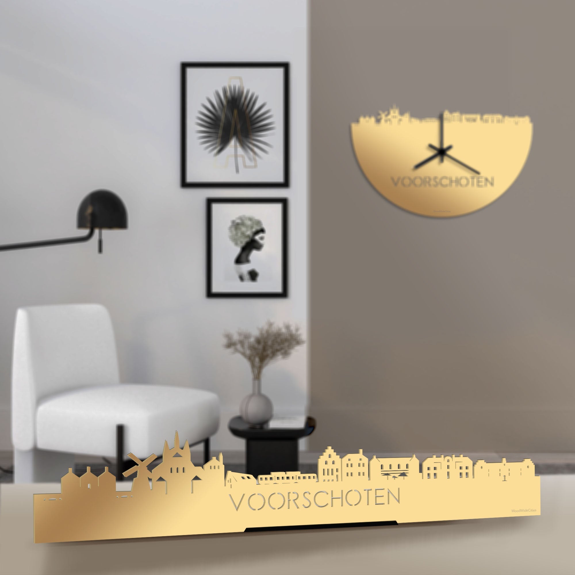 Standing Skyline Voorschoten Metallic Goud gerecycled kunststof cadeau decoratie relatiegeschenk van WoodWideCities