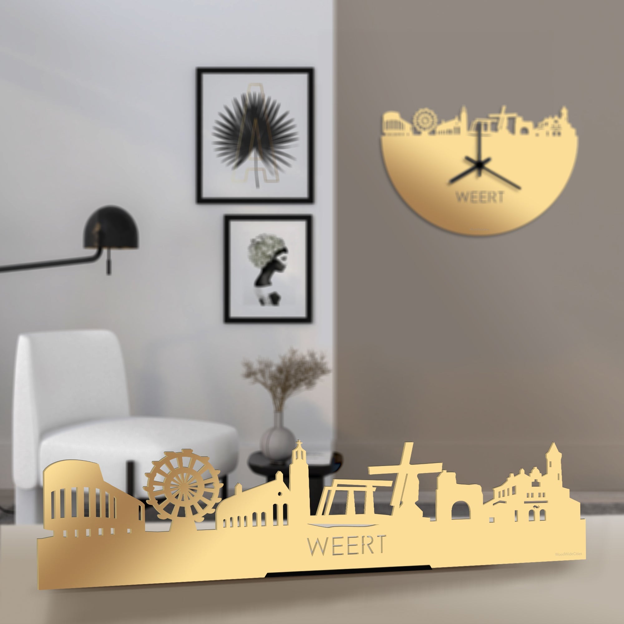 Standing Skyline Weert Metallic Goud gerecycled kunststof cadeau decoratie relatiegeschenk van WoodWideCities